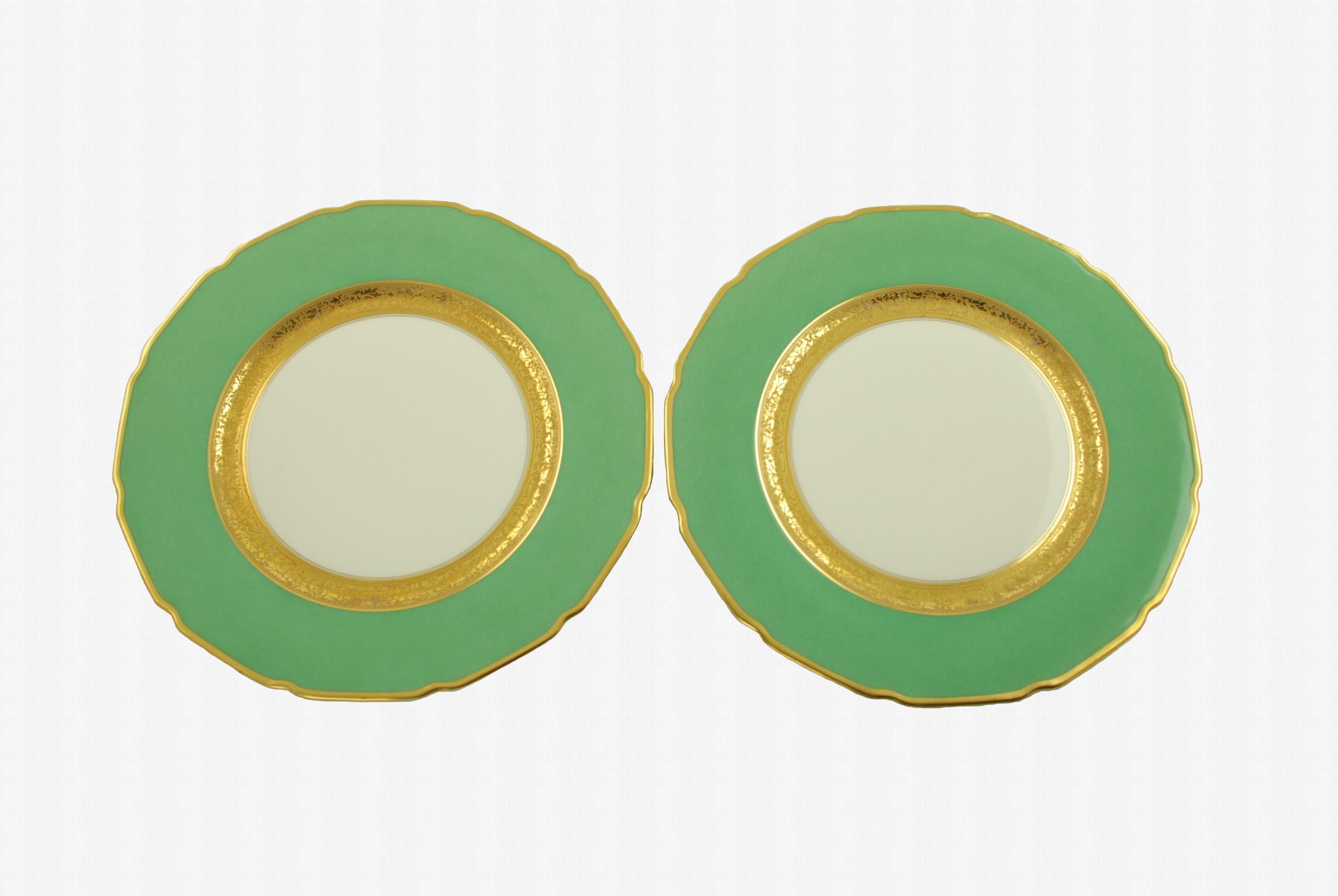 Antique Tressemanes & Vogt Porcelain Dinner Plates with Green Band and Gilt Trim In Good Condition In Cincinnati, OH