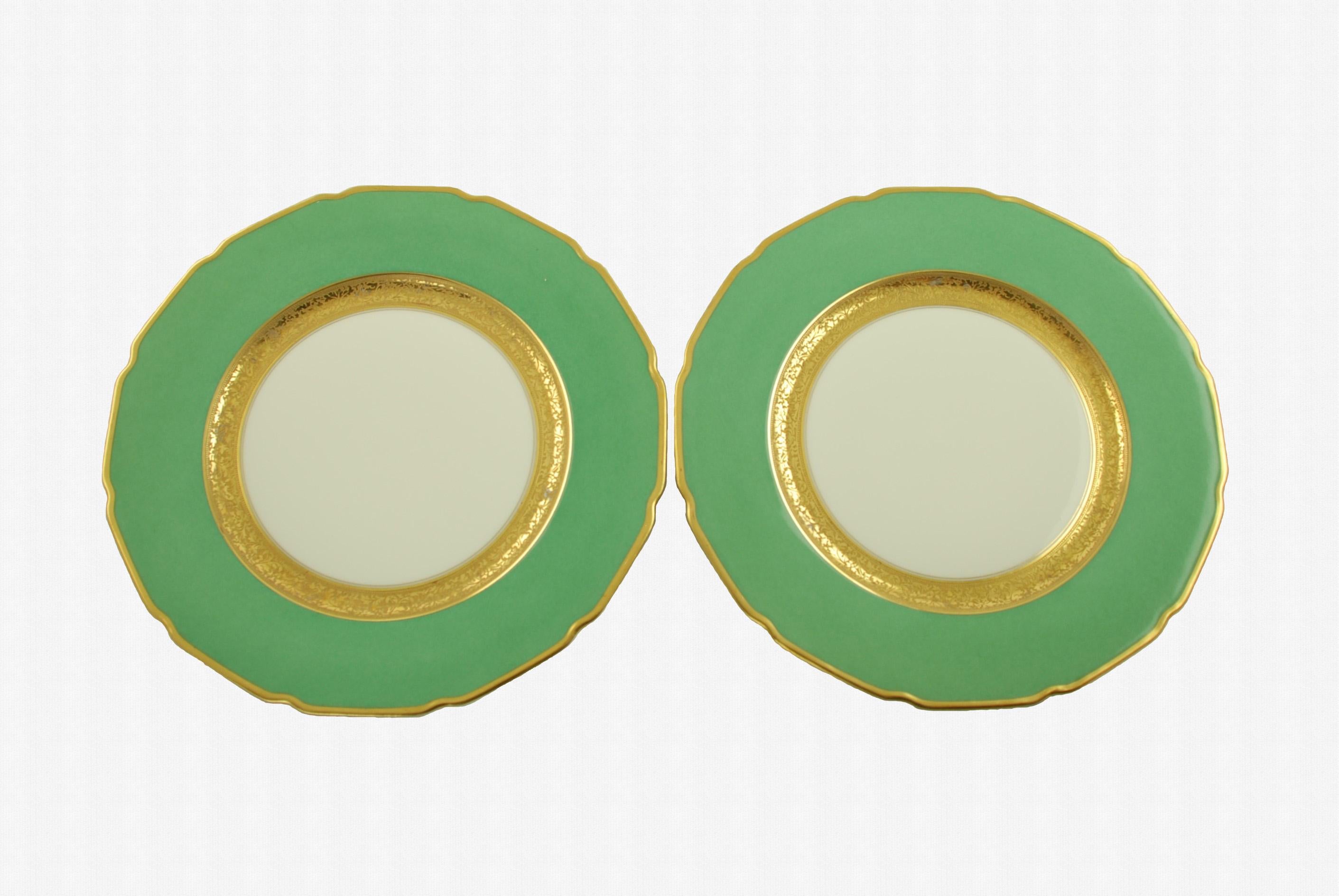 19th Century Antique Tressemanes & Vogt Porcelain Dinner Plates with Green Band and Gilt Trim
