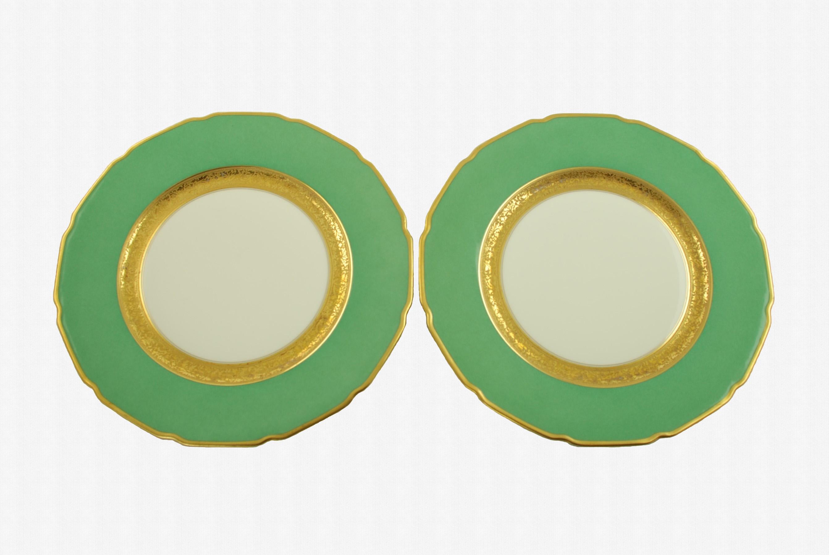 Antique Tressemanes & Vogt Porcelain Dinner Plates with Green Band and Gilt Trim 1