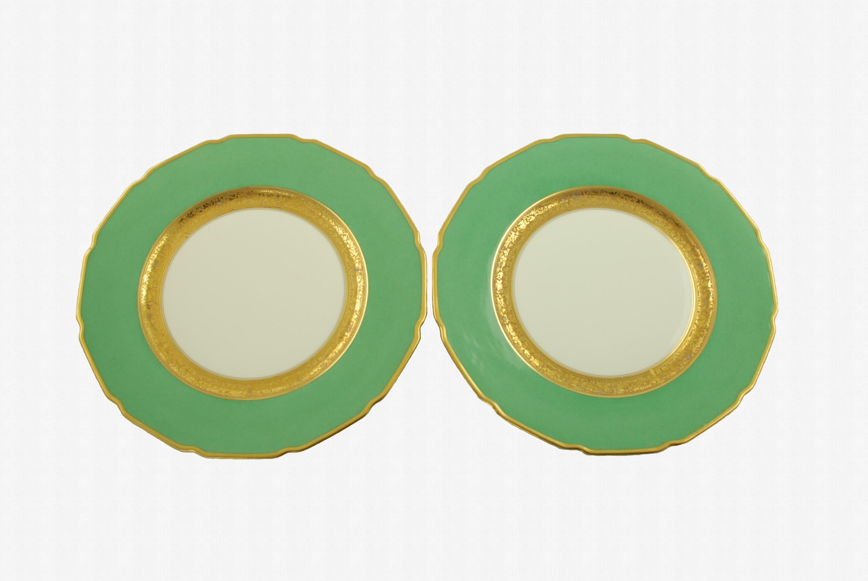Antique Tressemanes & Vogt Porcelain Dinner Plates with Green Band and Gilt Trim 2
