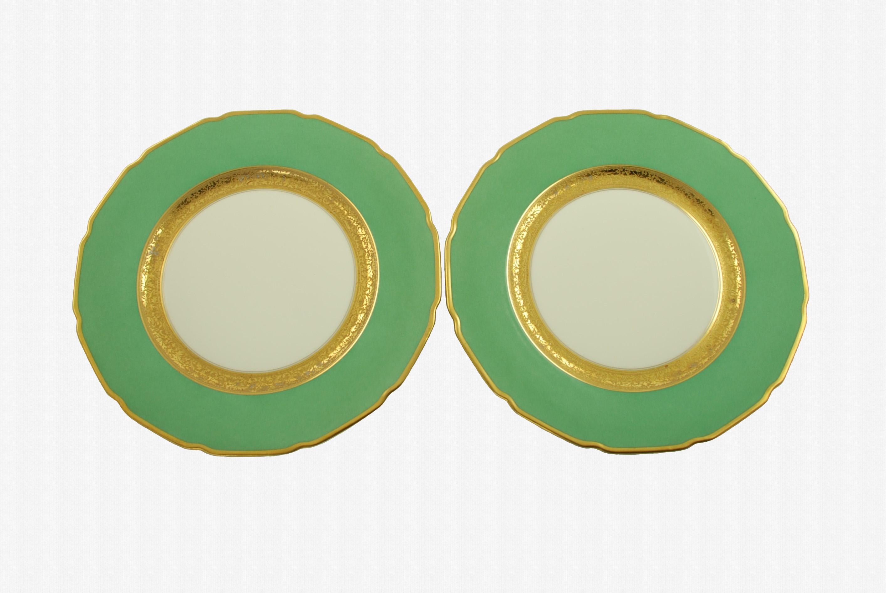 Antique Tressemanes & Vogt Porcelain Dinner Plates with Green Band and Gilt Trim 3