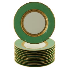 Antique Tressemanes & Vogt Porcelain Dinner Plates with Green Band and Gilt Trim