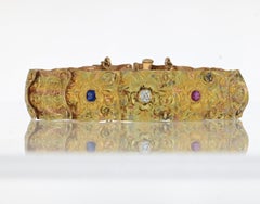 Antique Tri-Color Gold Aesthetic Movement Gem-Set Repoussé Link Bracelet