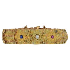 Antique Tri-Color Gold Aesthetic Movement Gem-Set Repoussé Link Bracelet