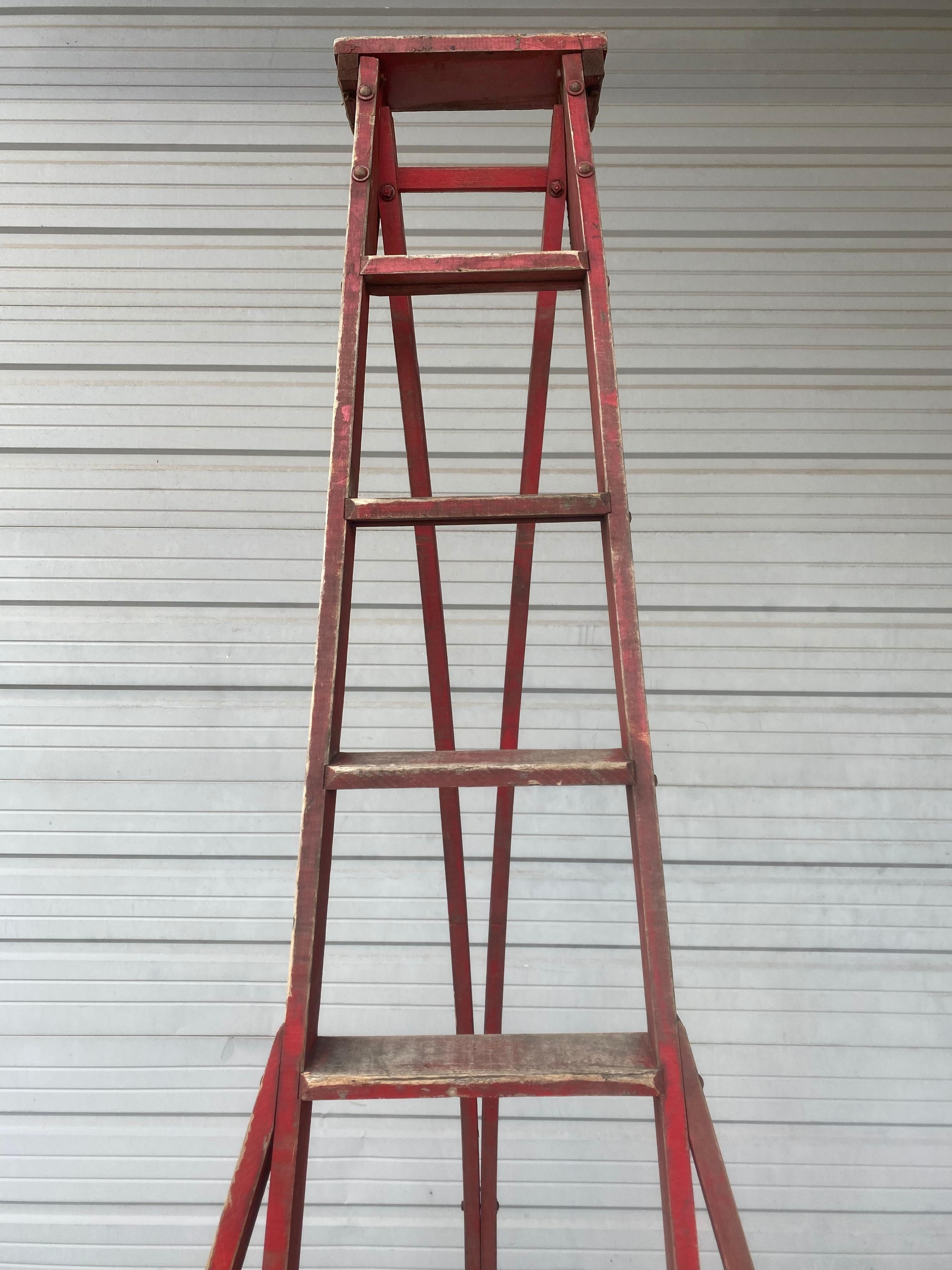 Painted Antique Tri-Pod Orchard 'Fruit Picking' Step Ladder, Great Color / Patina
