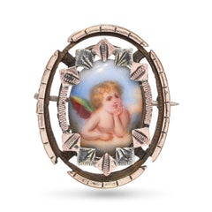 Antique Tri Tone Gold Hand Painted Cherub Brooch Pendant