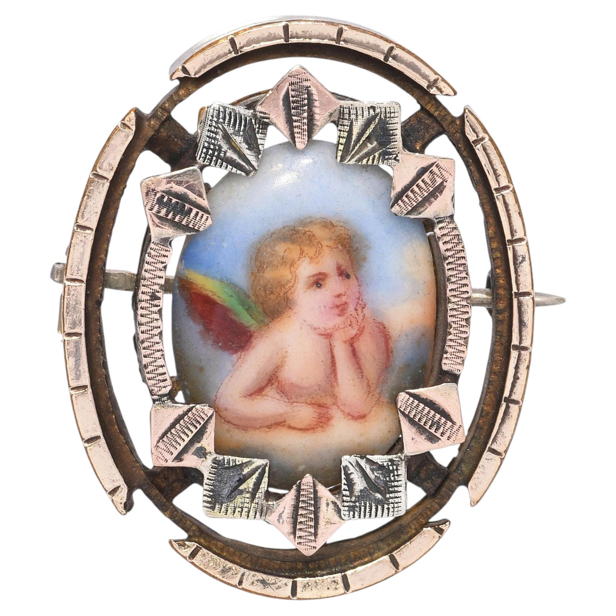 Antique Tri Tone Gold Hand Painted Cherub Brooch Pendant