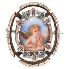 Antique Tri Tone Gold Hand Painted Cherub Brooch Pendant