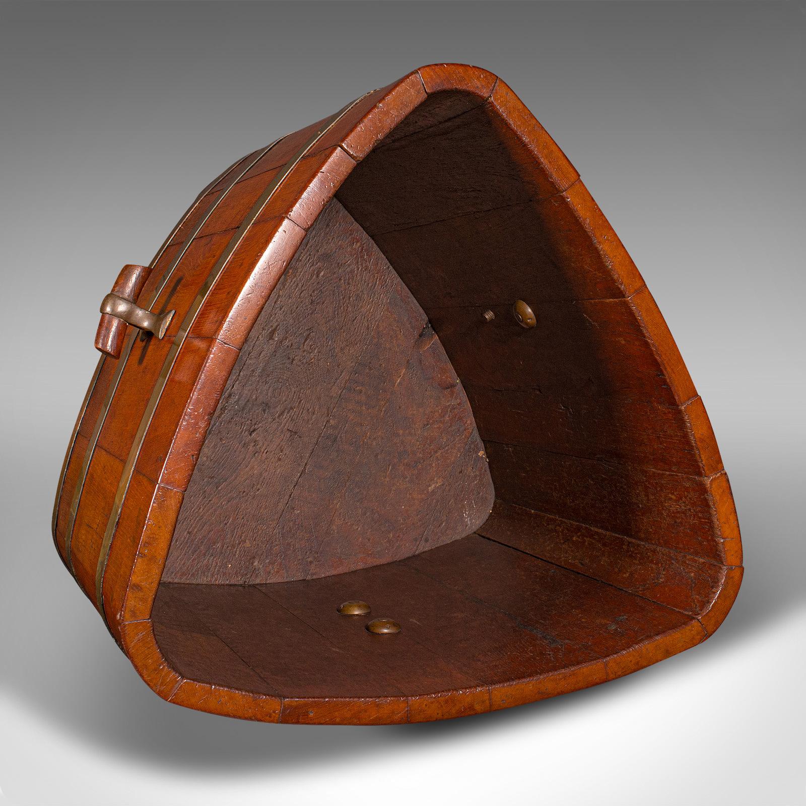 Antique Triangular Fireside Bin, English, Walnut, Brass, Store, Early Victorian For Sale 2