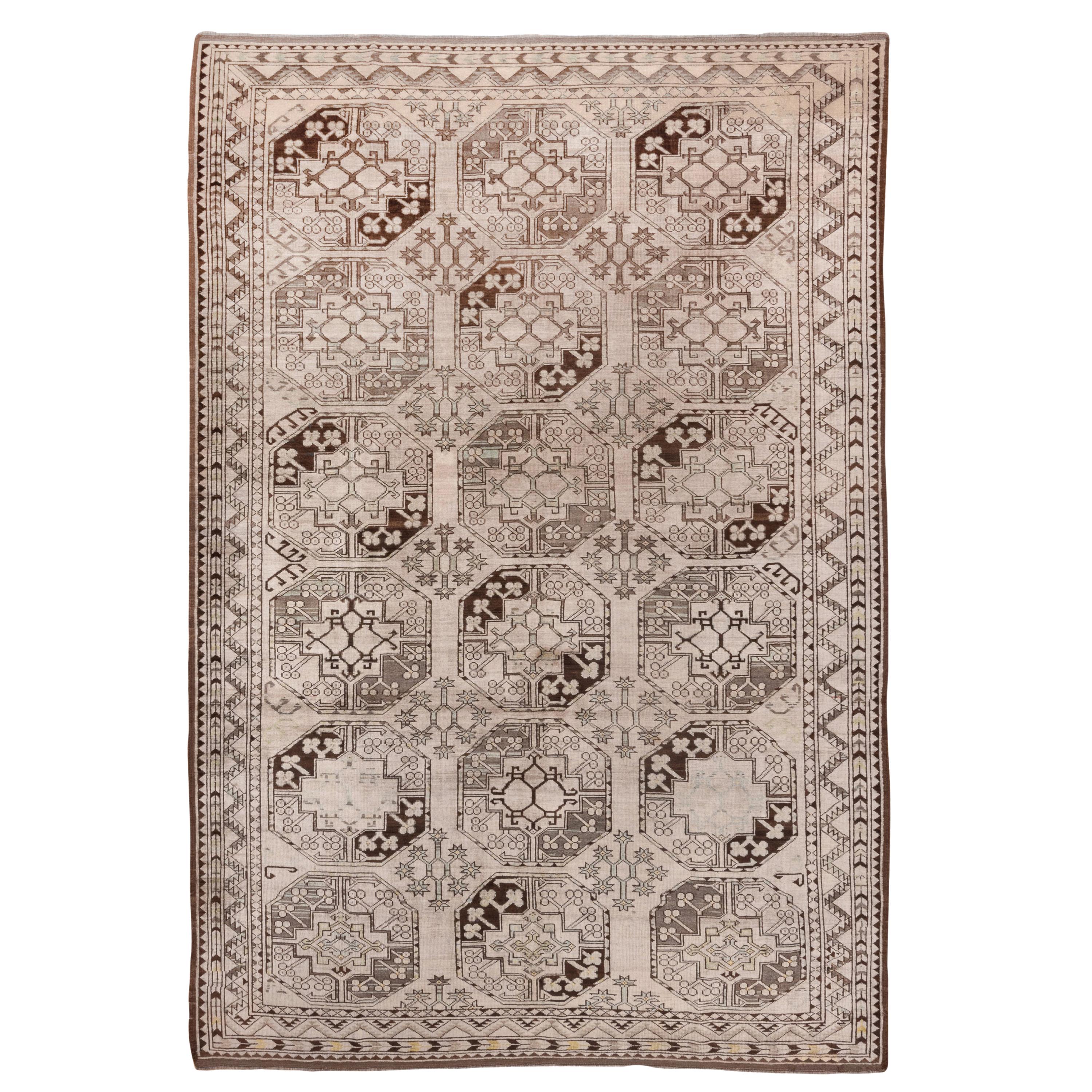 Antique Tribal Afghan Ersari Carpet, All-Over Field, Ivory Light Brown Field