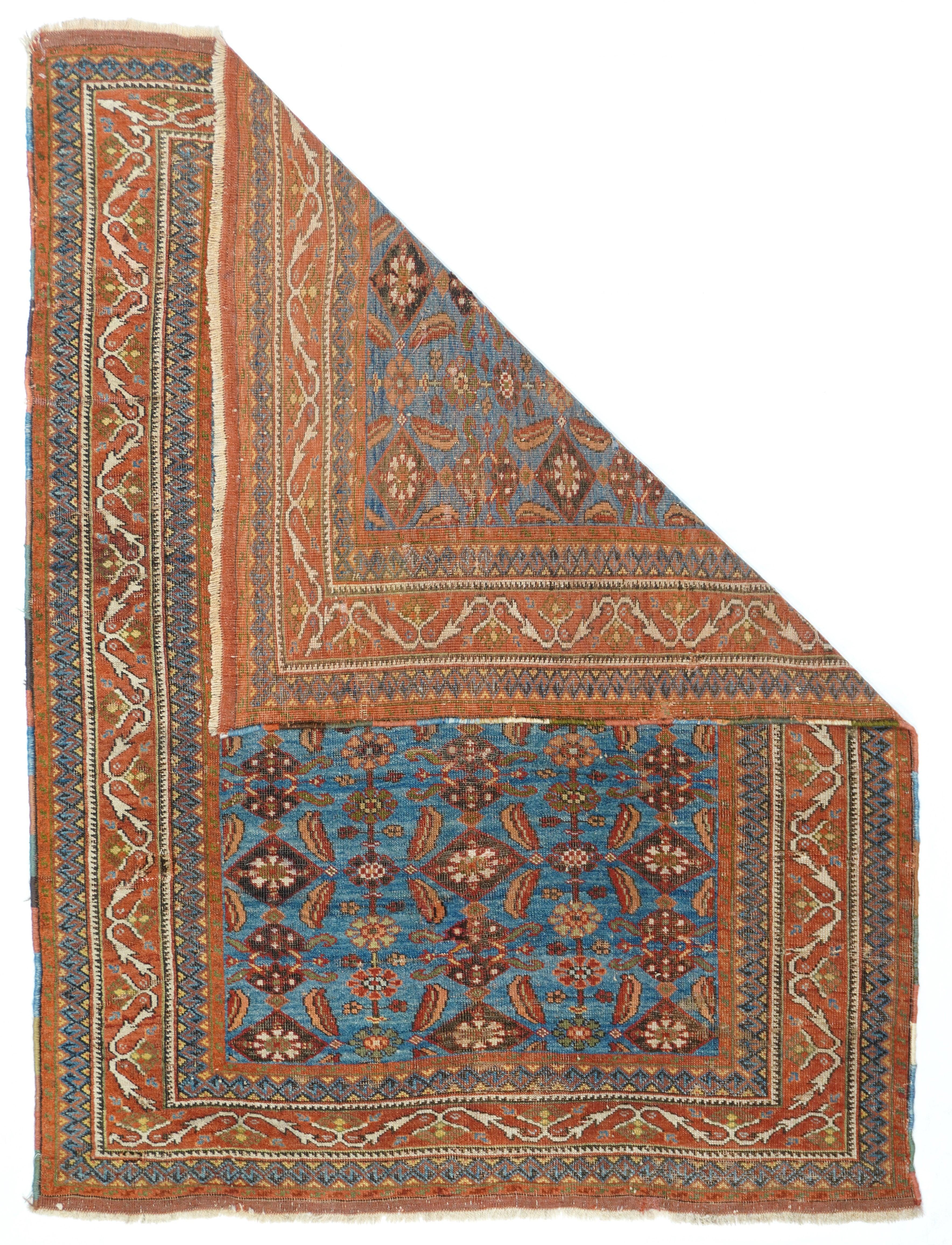 Antique Tribal Afshar rug, measures : 3'11'' x 5'3''. The cerulean blue field shows a well-balanced three by six array of rosettes-in-lozenges, attended by small serrated leaves and smaller rosettes. Red main border with interesting attenuated