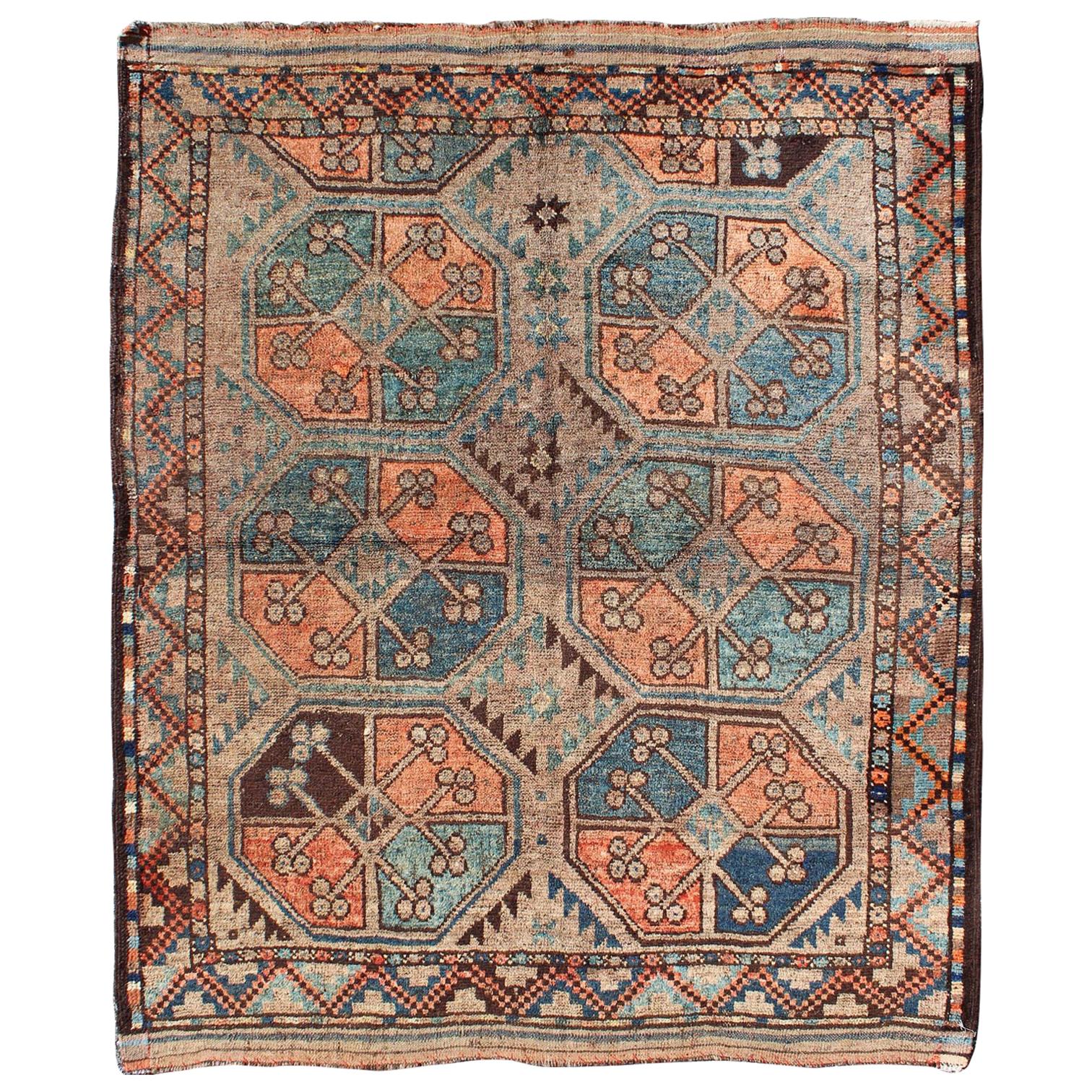 Antique Tribal Beshir Rug with Medallions on a Tan, Blue and Brown