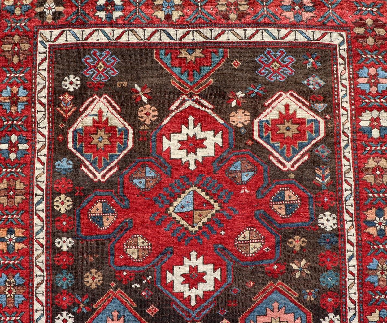 Antique Tribal Caucasian Kazak Rug in Brown and Red with Geometric Design For Sale 4