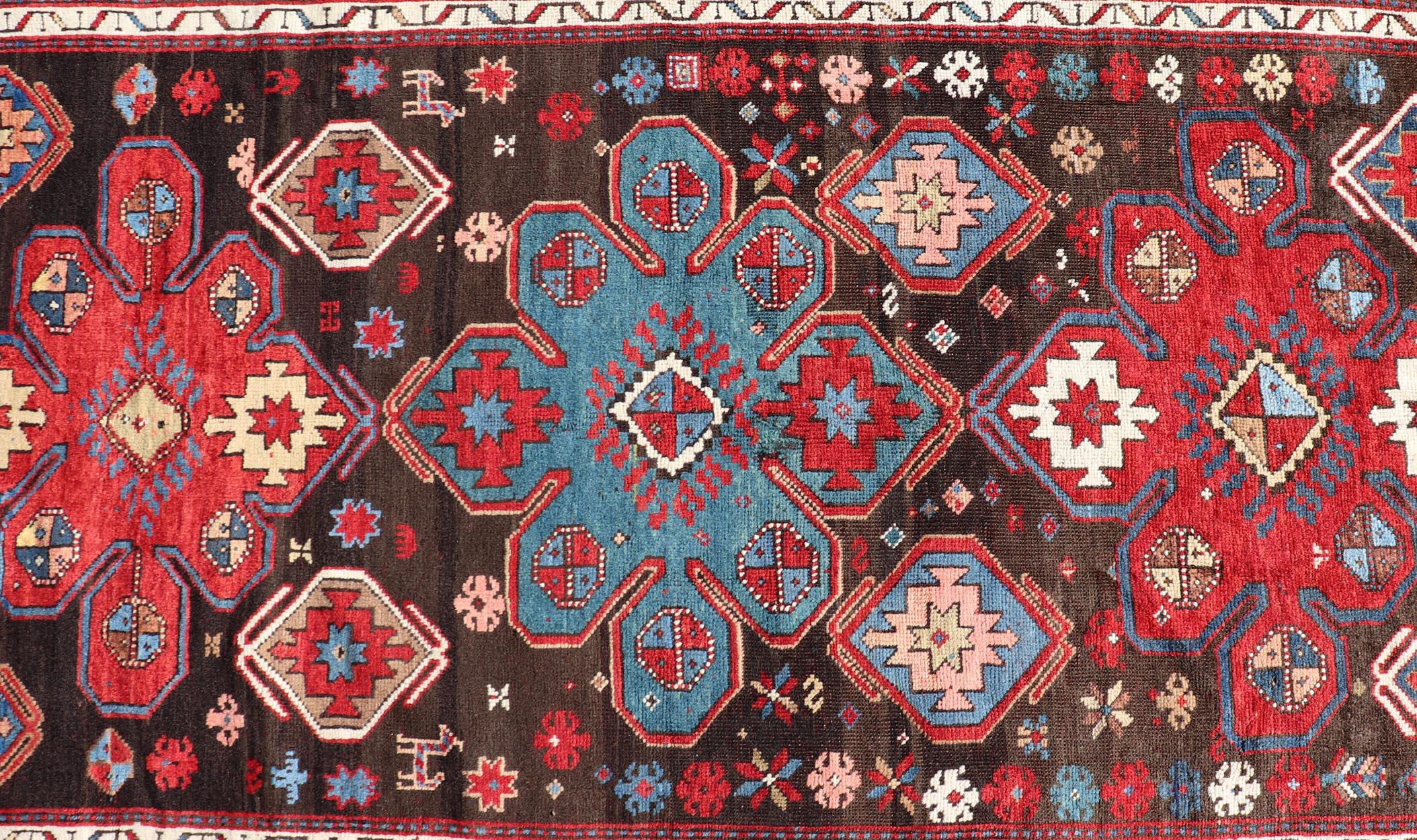 Antique Tribal Caucasian Kazak Rug in Brown and Red with Geometric Design For Sale 6