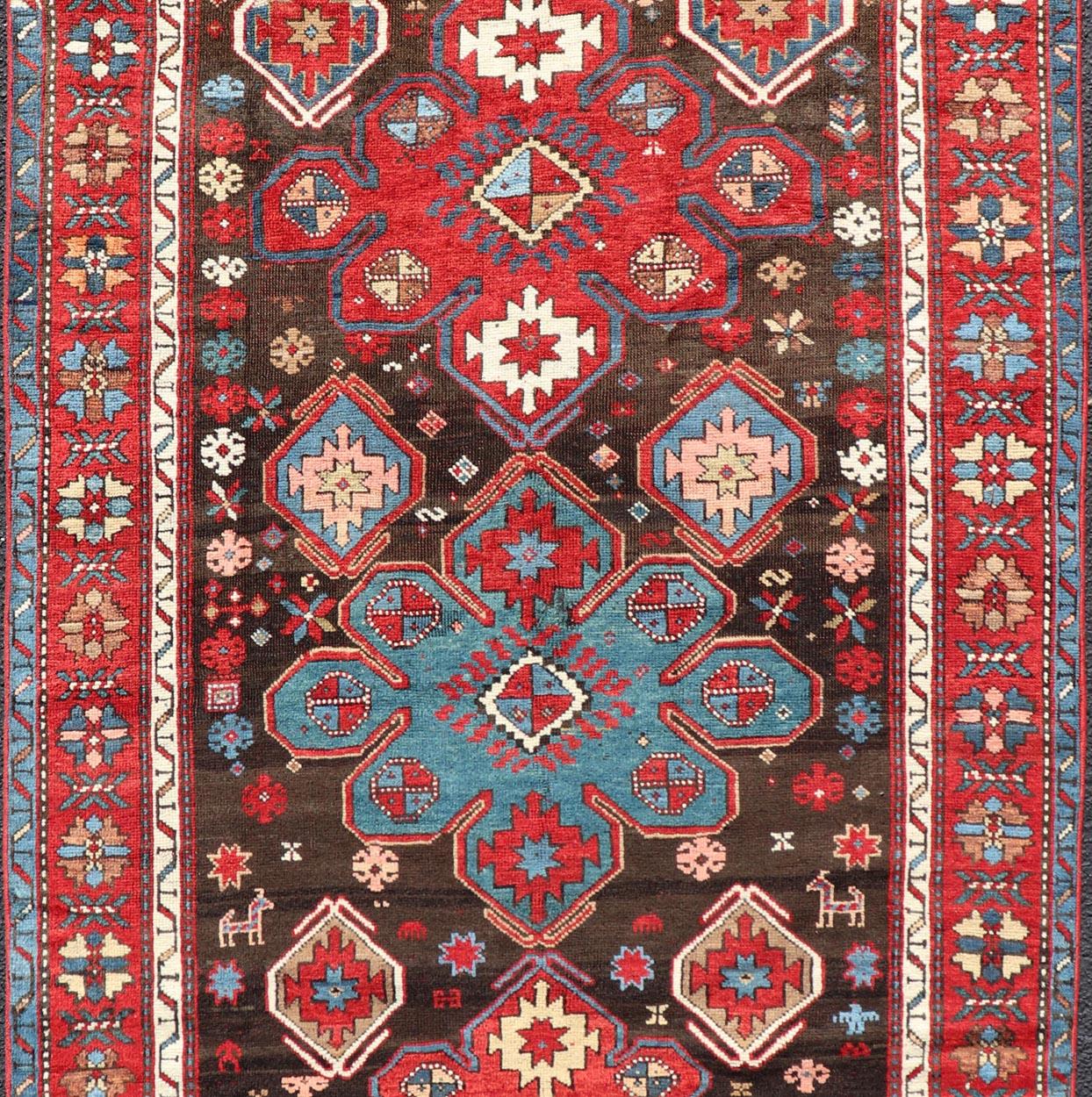 Hand-Knotted Antique Tribal Caucasian Kazak Rug in Brown and Red with Geometric Design For Sale