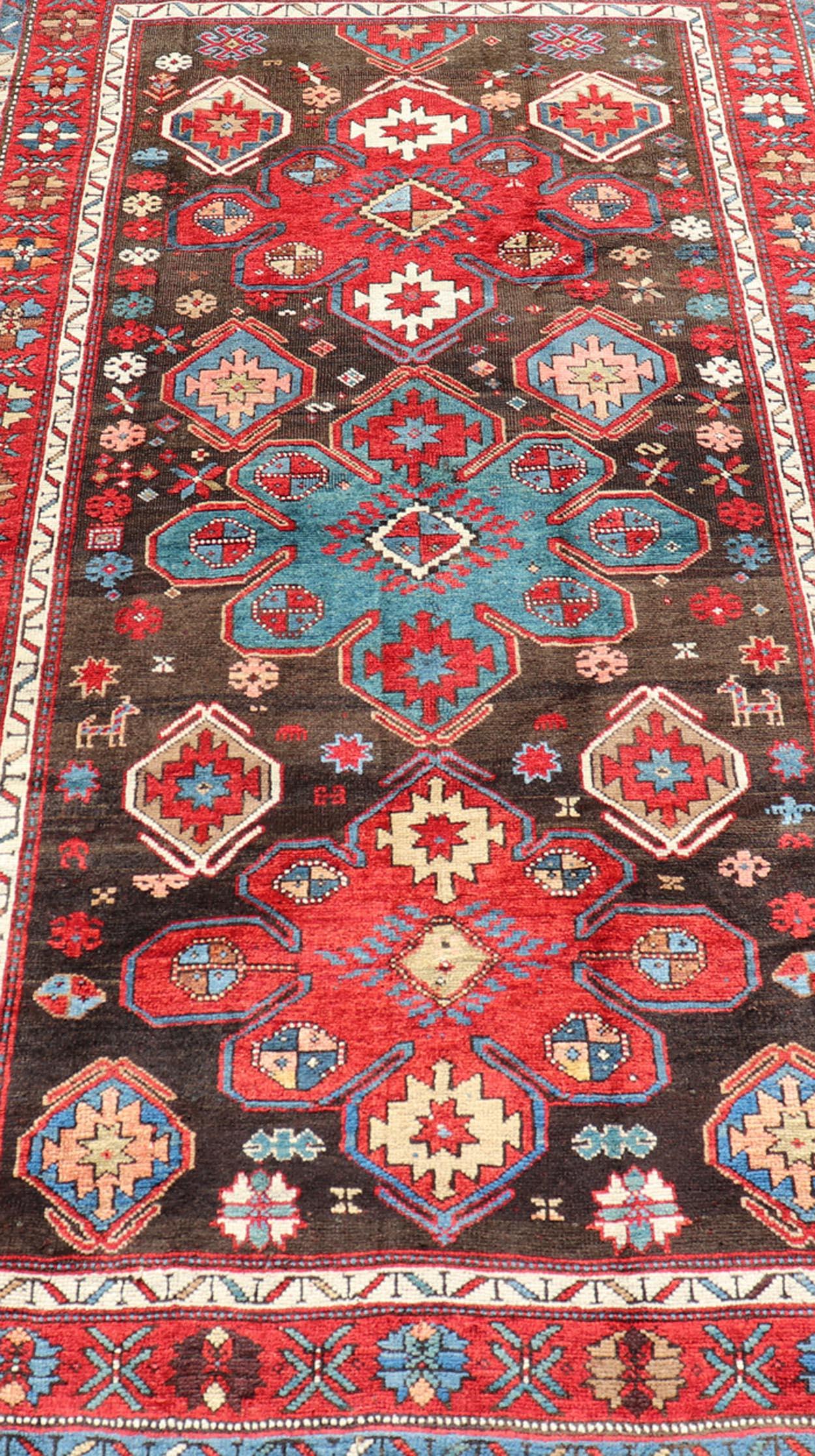 Antique Tribal Caucasian Kazak Rug in Brown and Red with Geometric Design For Sale 1