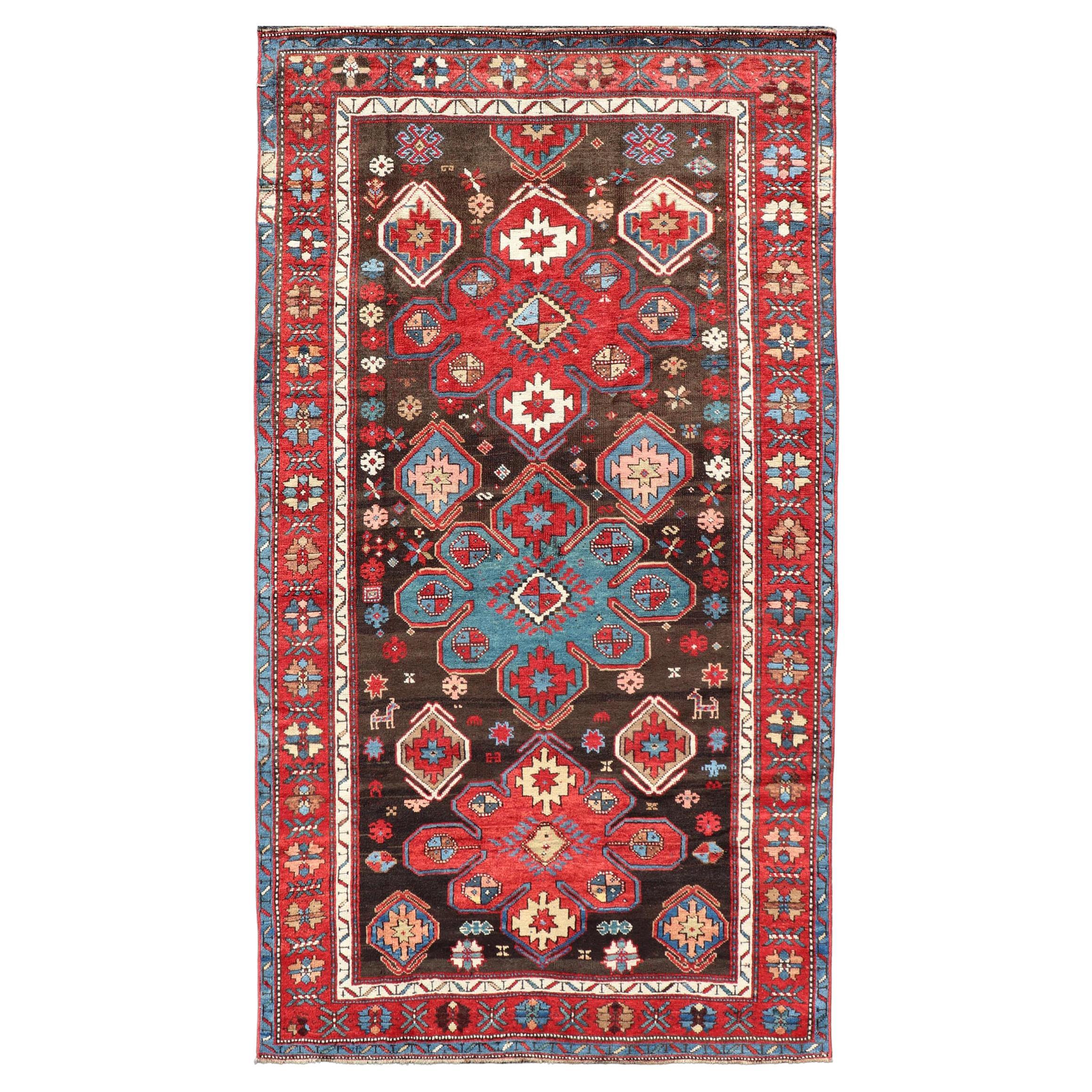 Antique Tribal Caucasian Kazak Rug in Brown and Red with Geometric Design For Sale