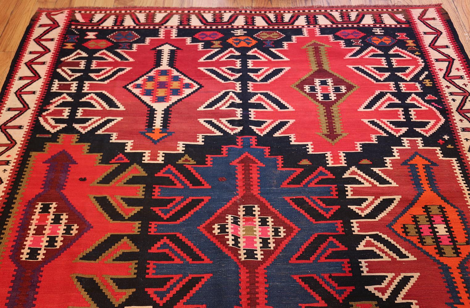 Hand-Woven Antique Tribal Caucasian Kuba Kilim Rug. Size: 5 ft 7 in x 12 ft 9 in