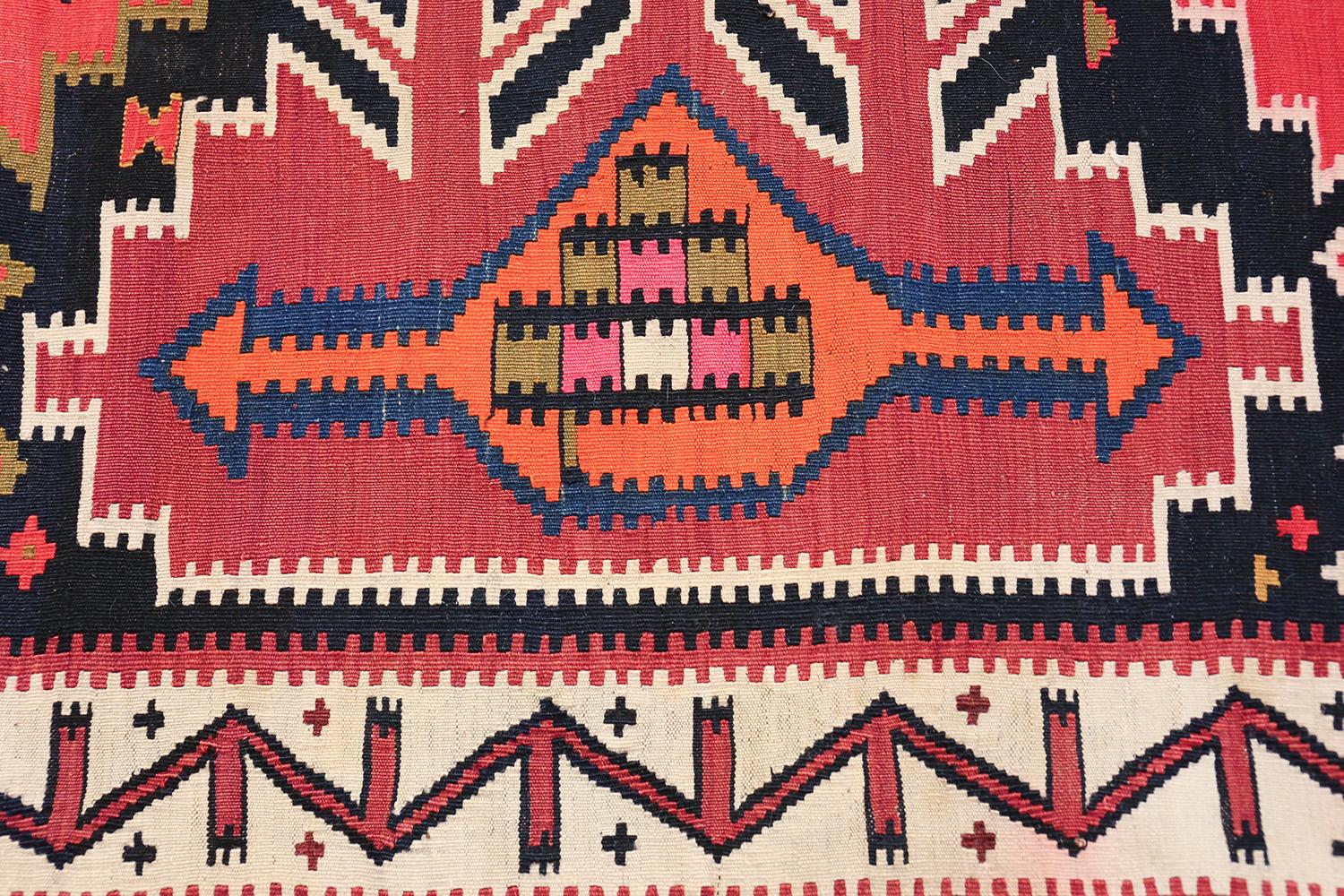 Wool Antique Tribal Caucasian Kuba Kilim Rug. Size: 5 ft 7 in x 12 ft 9 in