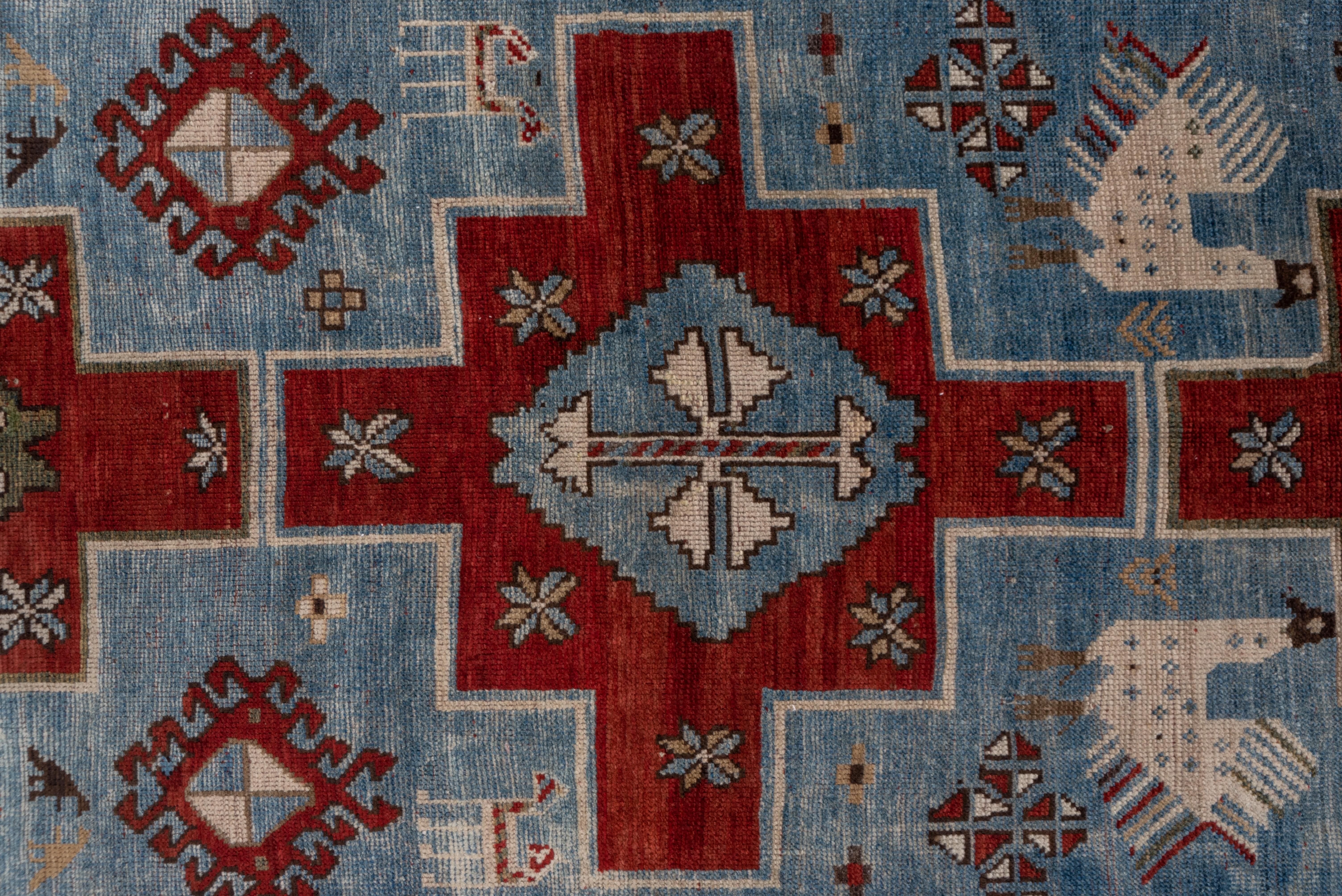 Wool Antique Tribal Caucasian Rug, Blue and Red Field, Green Accents, Kazak Style