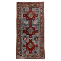 Antique Tribal Caucasian Rug, Blue and Red Field, Green Accents, Kazak Style
