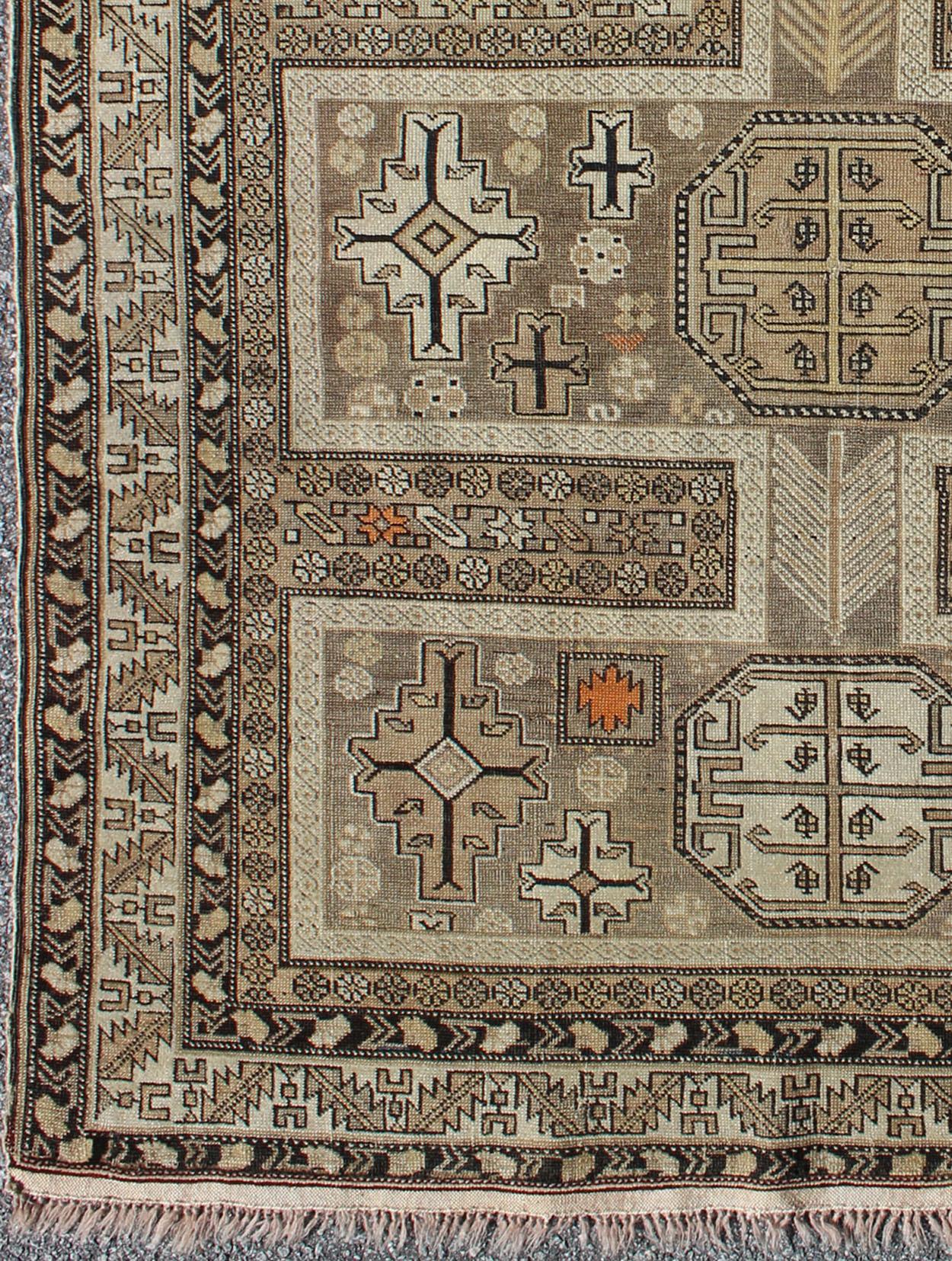 Antique Tribal Caucasian Rug with All-Over Motif in Muted Neutrals. 
Country of Origin: Caucasus; Type: Caucasian; Design: Tribal; Keivan Woven Arts: rug 16-0922. 
Measures: 3'10 x 4'5
The field of this Caucasian piece features all-over tribal