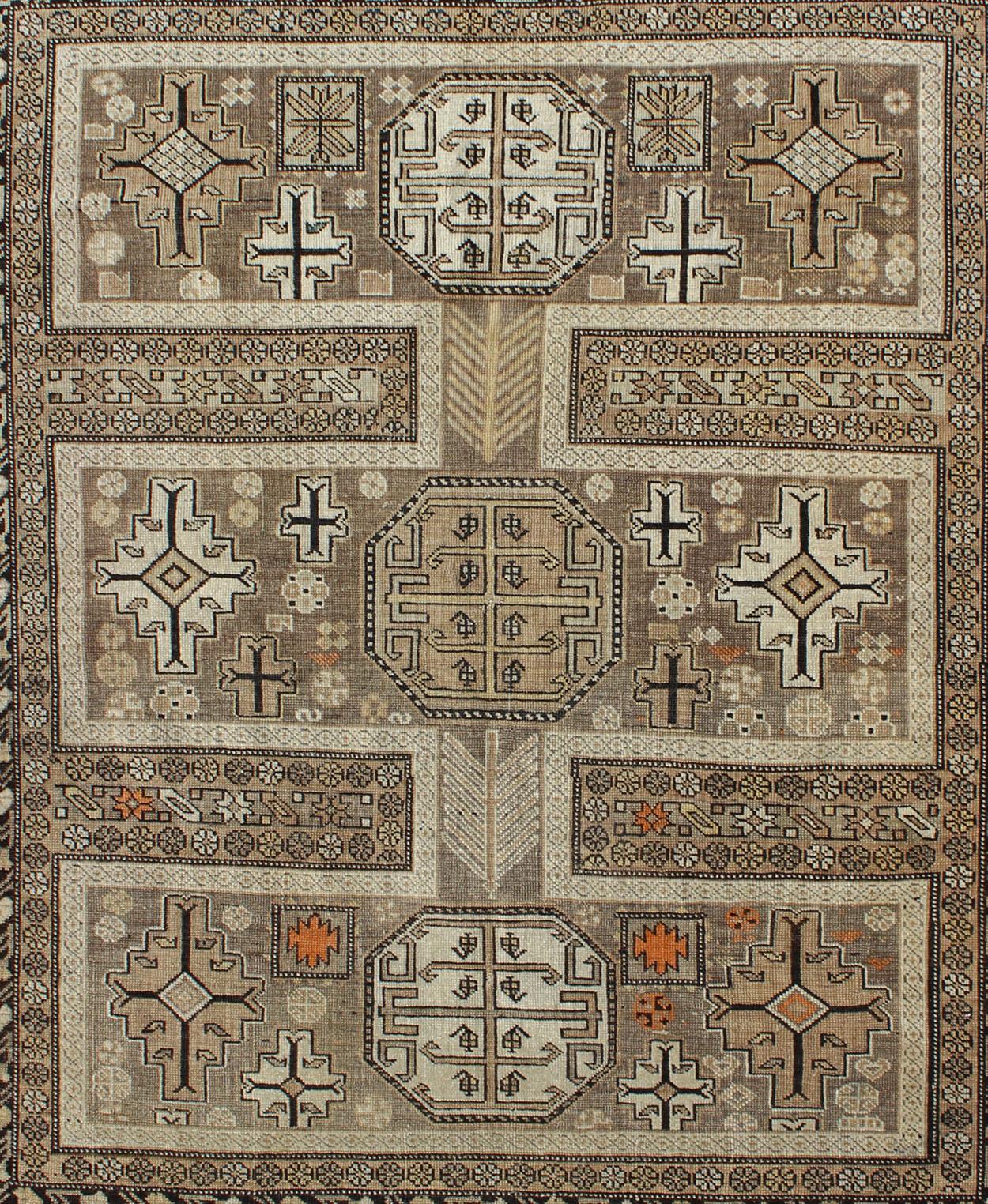 Kazak Antique Tribal Caucasian Rug with All-Over Motif in Muted Neutrals For Sale