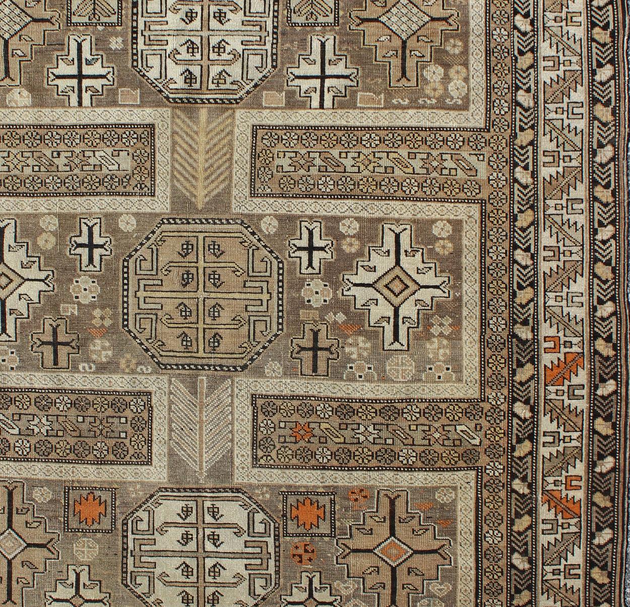 Hand-Knotted Antique Tribal Caucasian Rug with All-Over Motif in Muted Neutrals For Sale