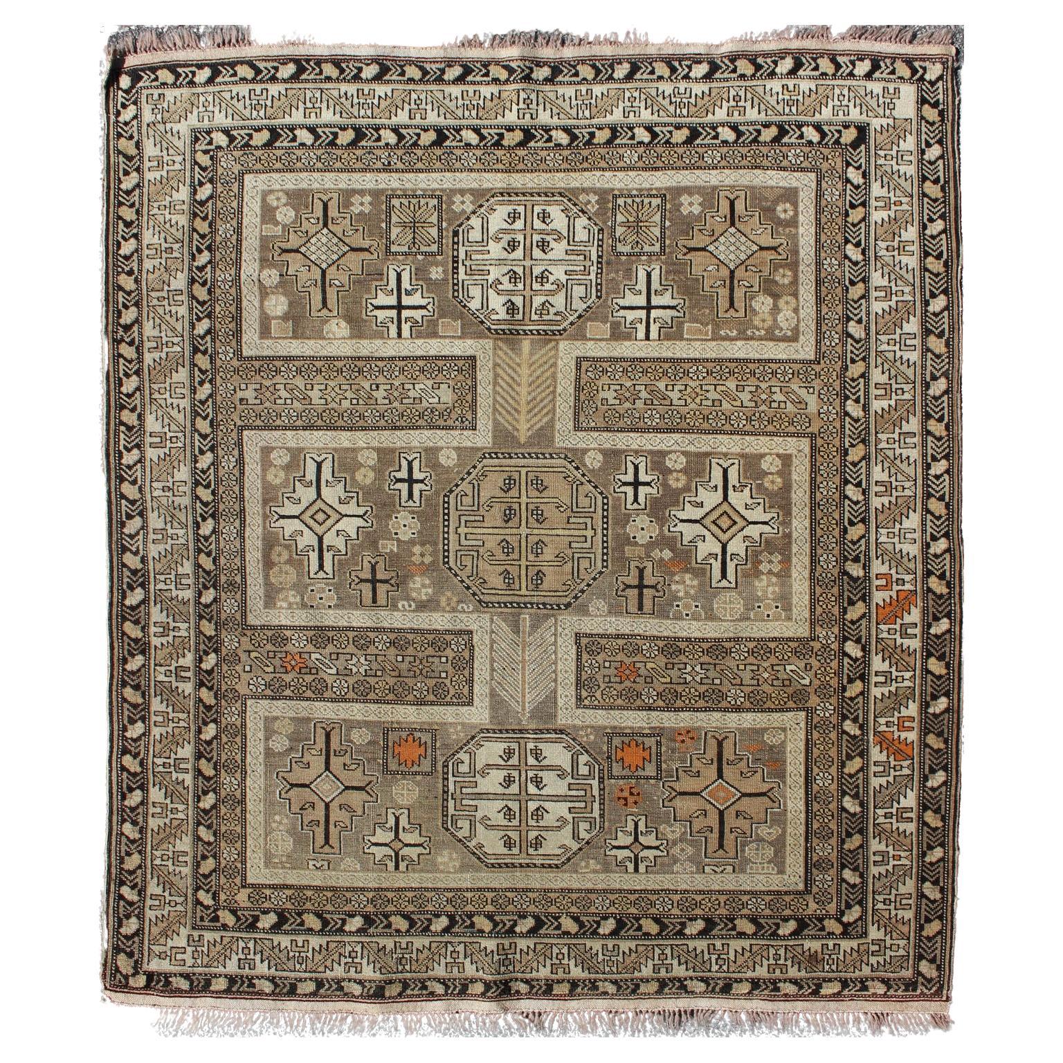 Antique Tribal Caucasian Rug with All-Over Motif in Muted Neutrals For Sale