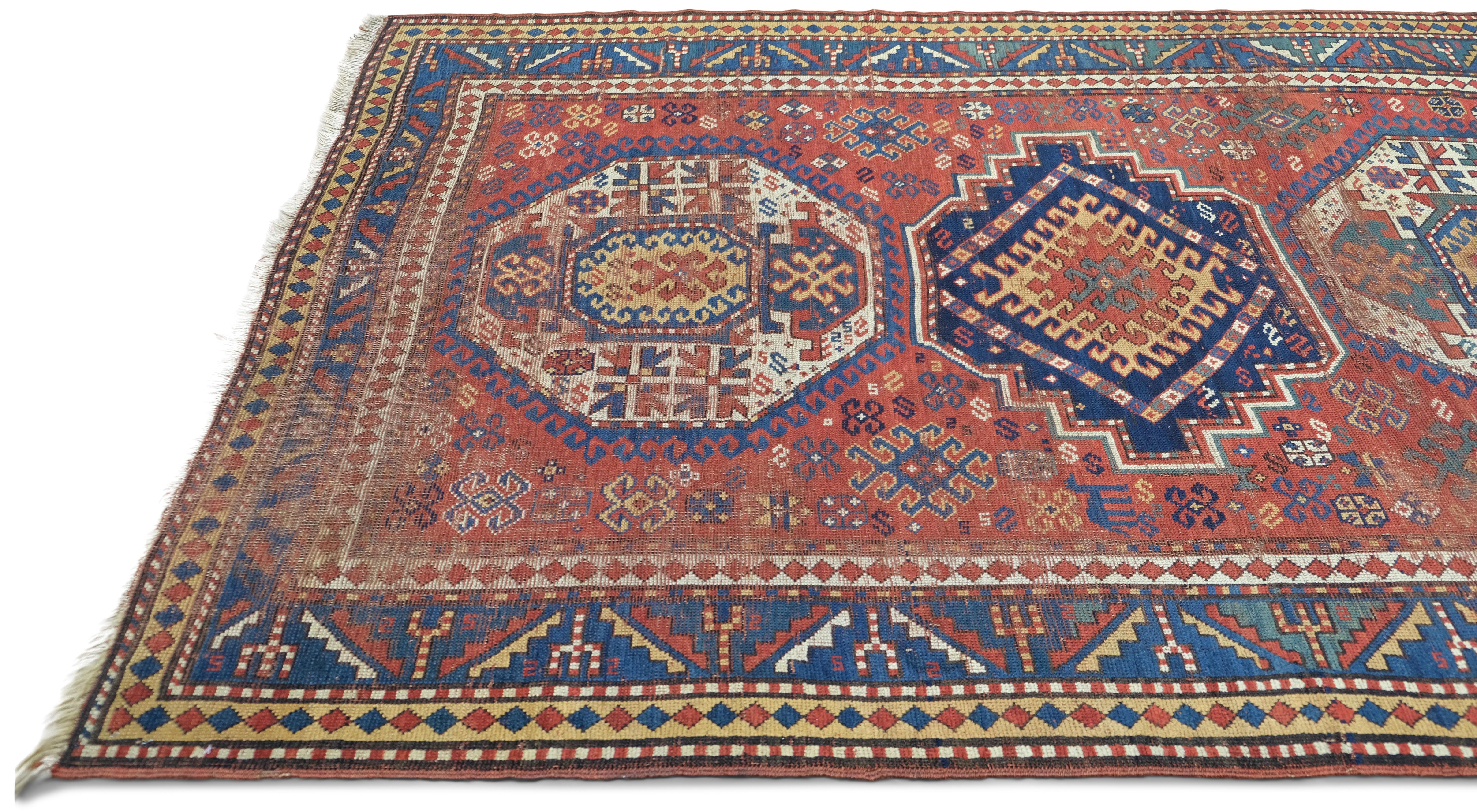 Hand-Knotted Antique Tribal Caucasian Wool Rug 5'1''x8'7'' For Sale