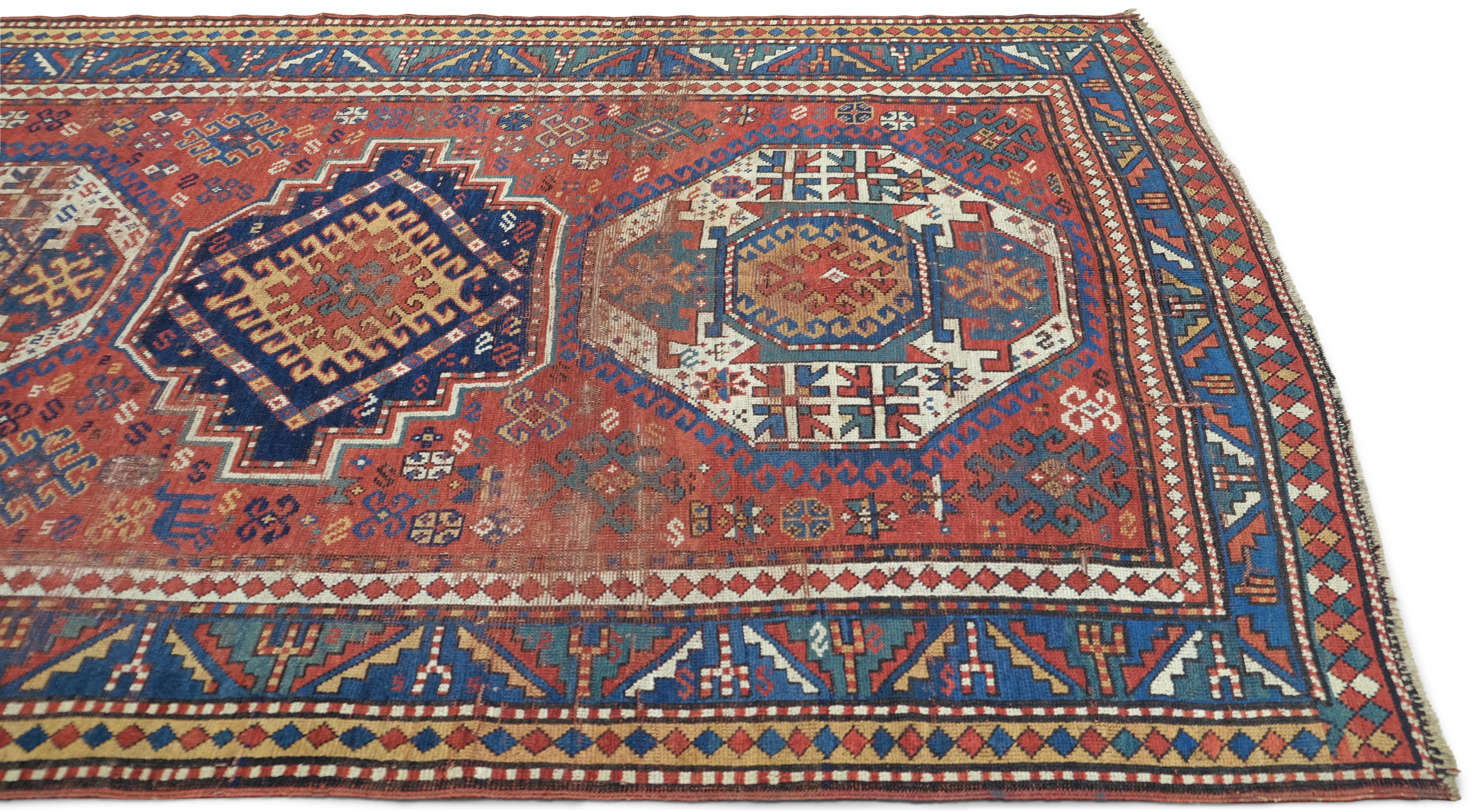 Antique Tribal Caucasian Wool Rug 5'1''x8'7'' In Distressed Condition For Sale In Torrance, CA