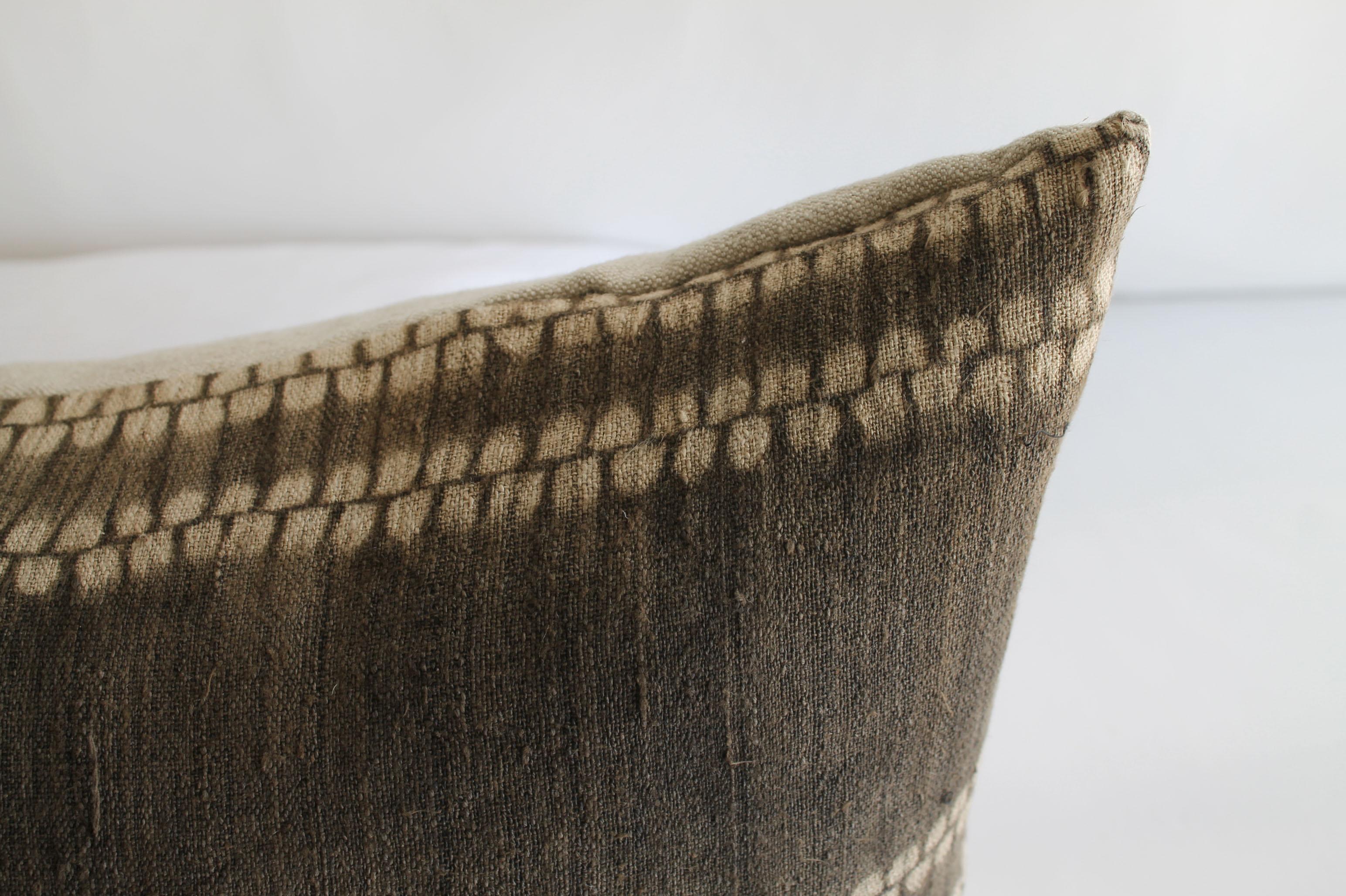 Chinese Antique Tribal Fabric in Dark Brown with Natural Linen