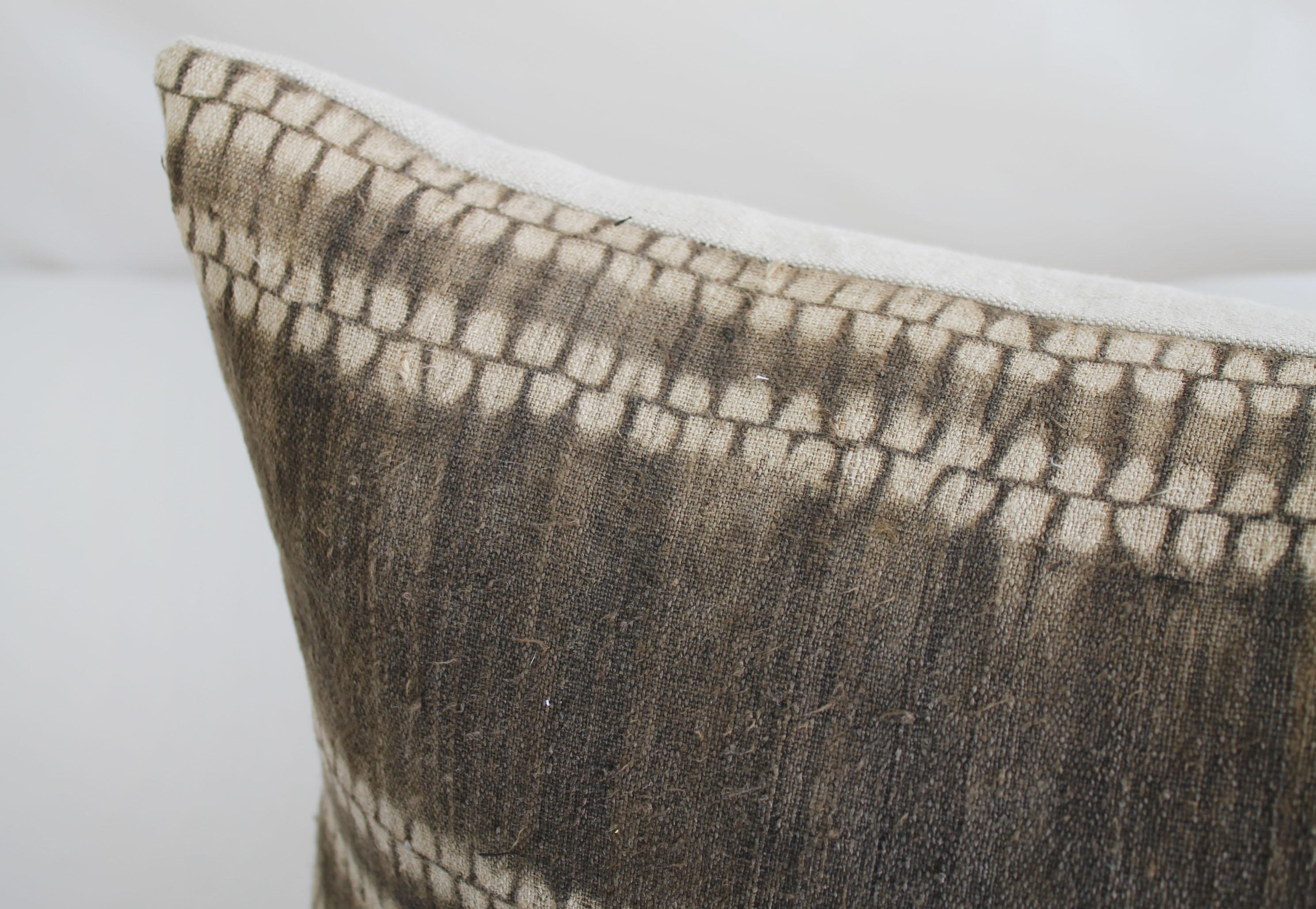 Contemporary Antique Tribal Fabric in Dark Brown with Natural Linen