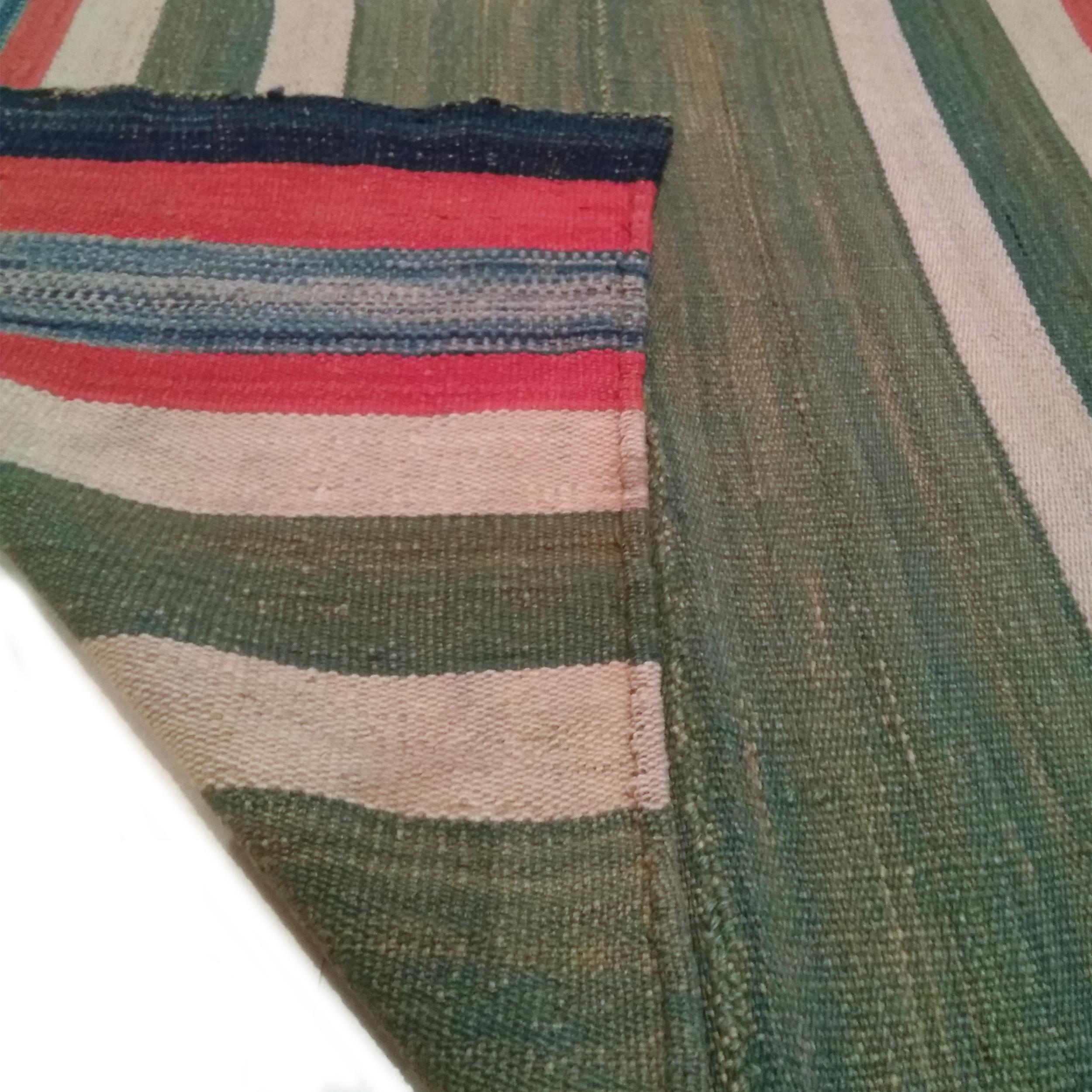 Hand-Woven Antique Tribal Jajim Rug with Vertical Polychrome Stripes on a Green Ground