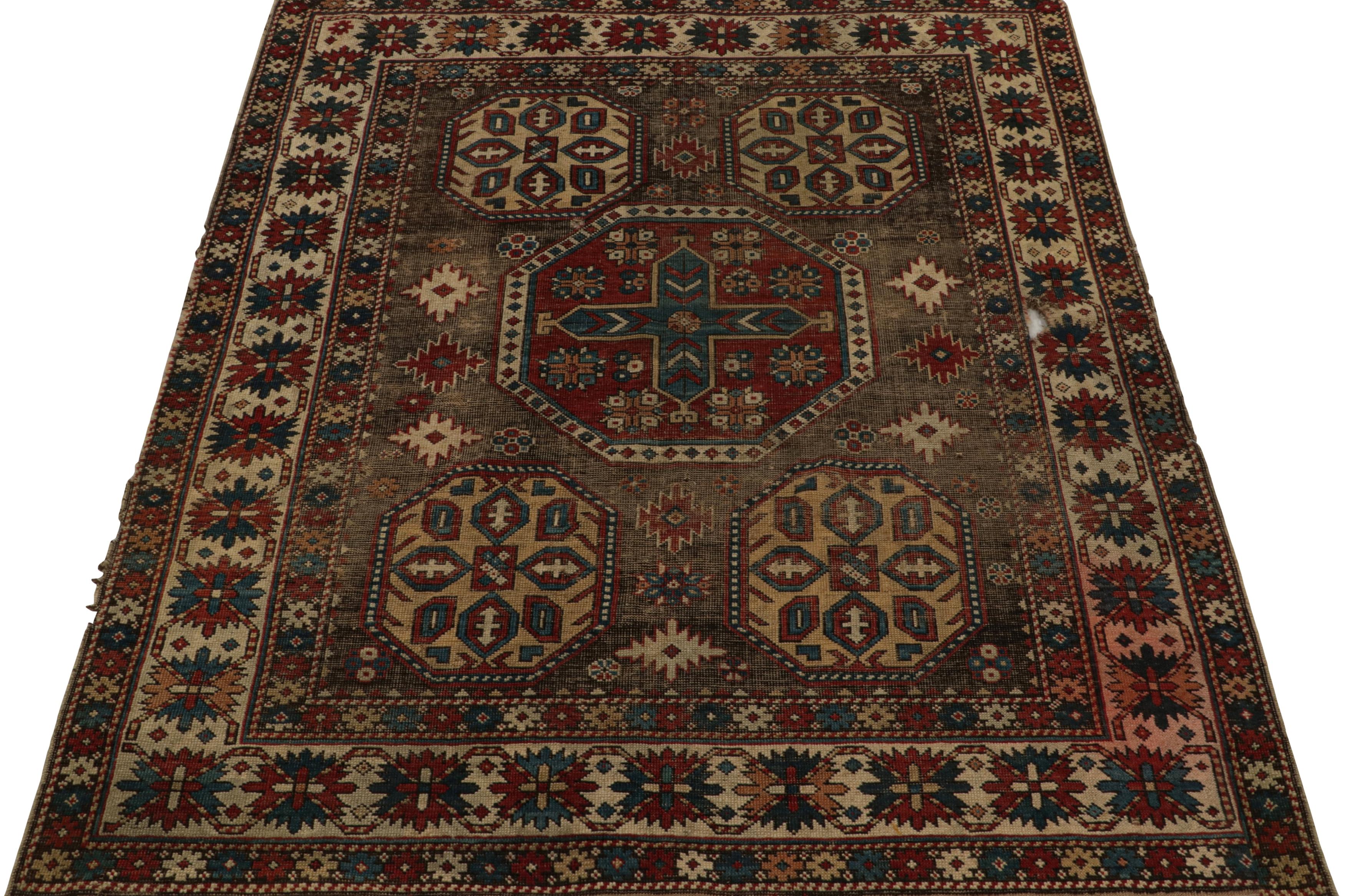 Russian Antique tribal Kazak rug in Brown with Geometric Patterns, from Rug & Kilim For Sale