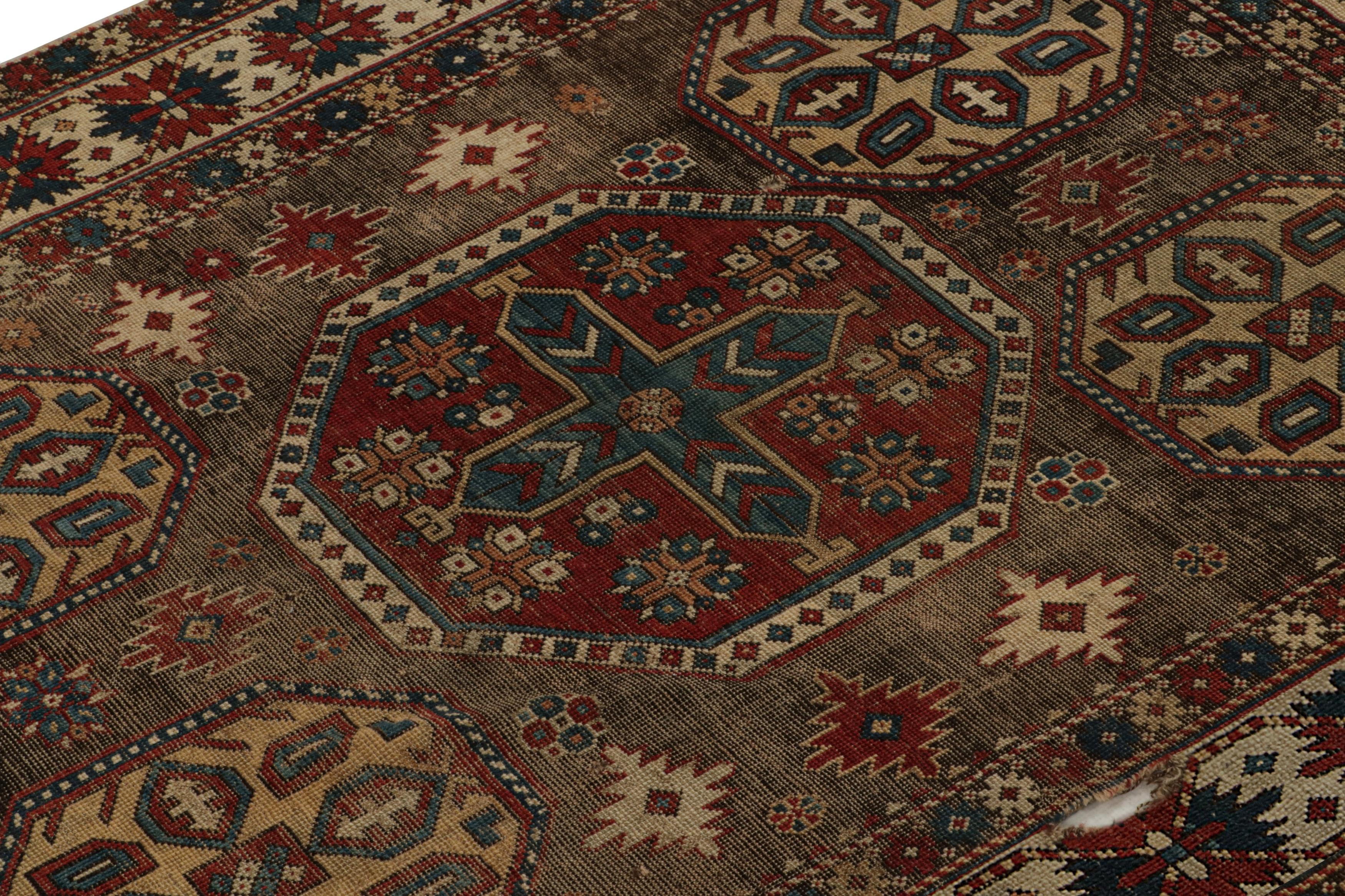 Hand-Knotted Antique tribal Kazak rug in Brown with Geometric Patterns, from Rug & Kilim For Sale