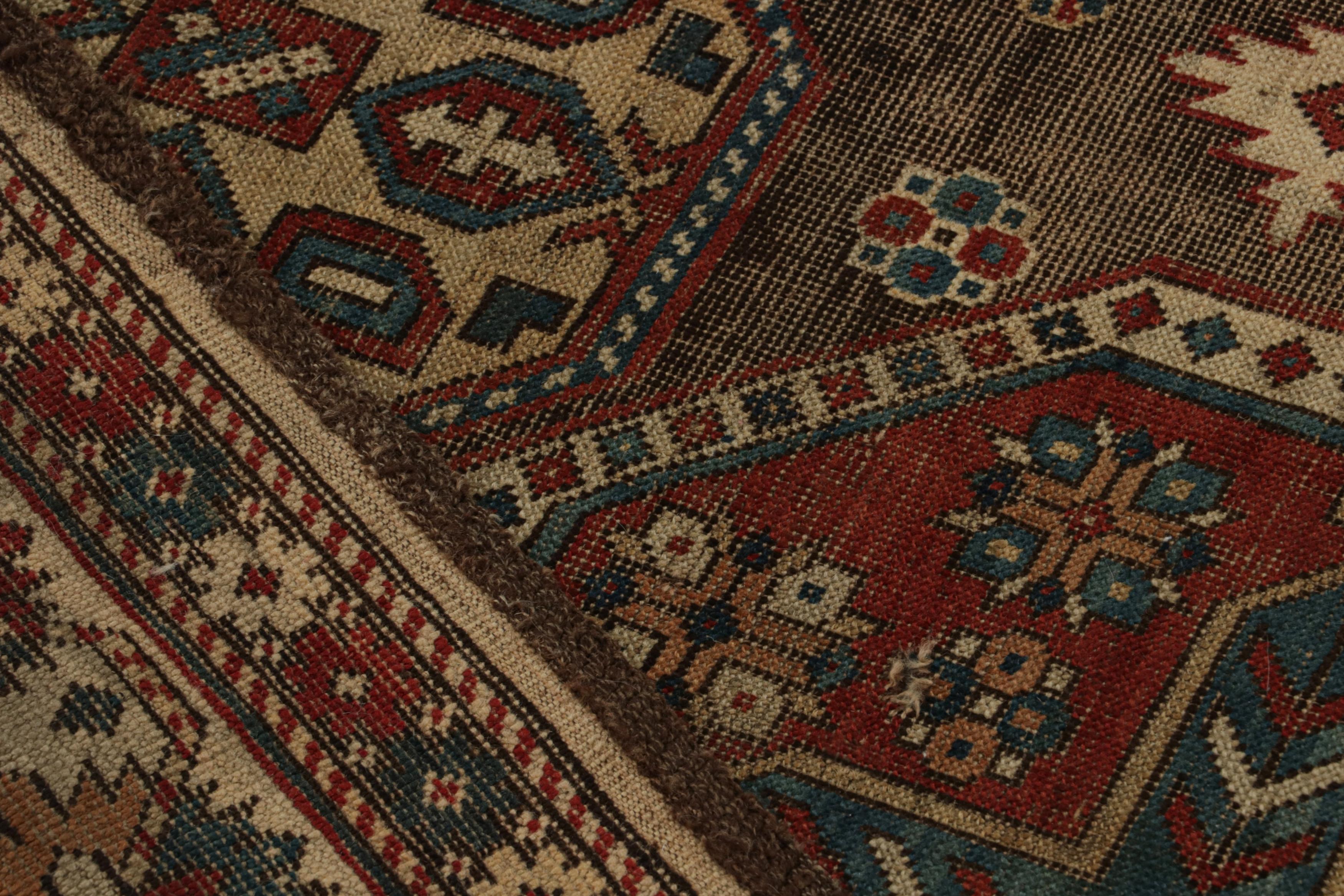 Wool Antique tribal Kazak rug in Brown with Geometric Patterns, from Rug & Kilim For Sale