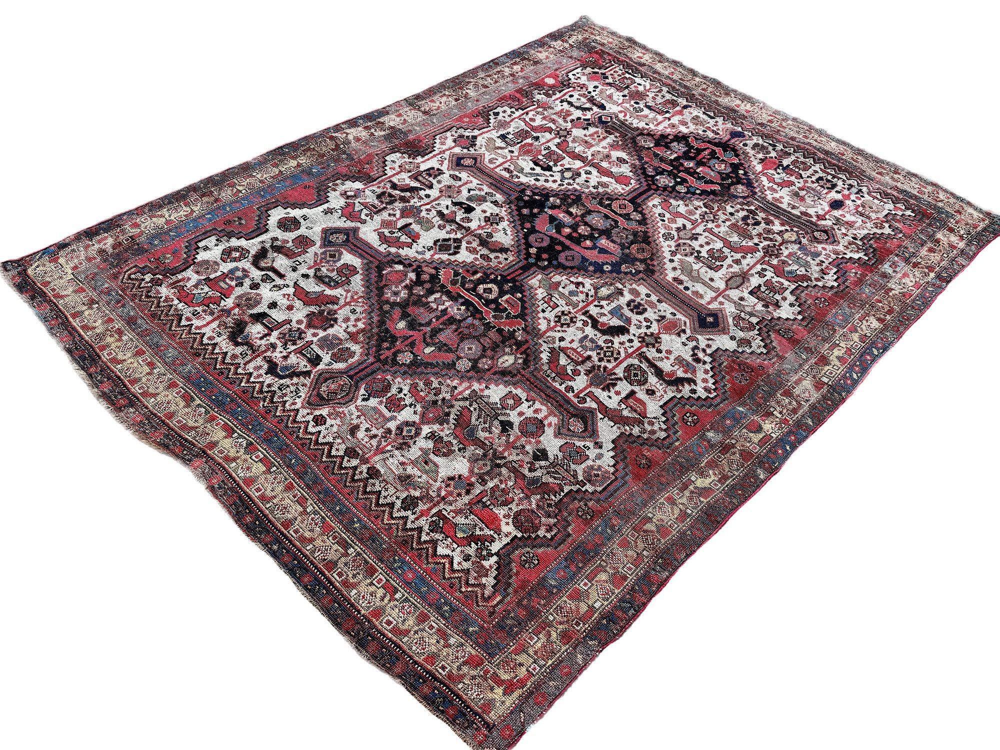 Antique Tribal Khamseh Rug 2.14m x 1.54m In Distressed Condition In St. Albans, GB