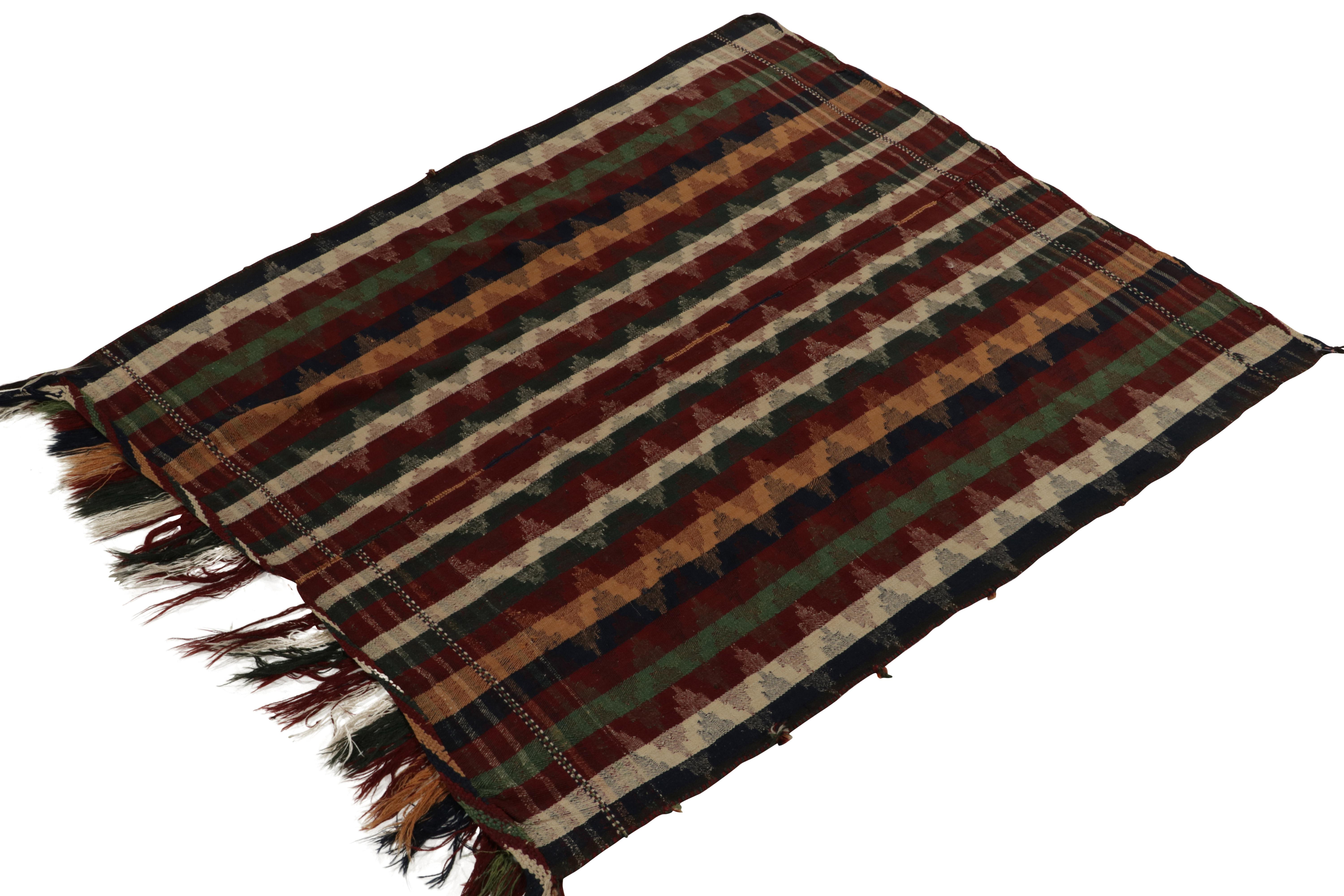 Originating between 1930-1940, a 6x7 antique tribal kilim rug from Turkey. 

Handwoven in all wool, the seemingly simple design witnesses two distinct patterns woven together to enjoy a vibrant marriage of stripes & chevrons. The employment of