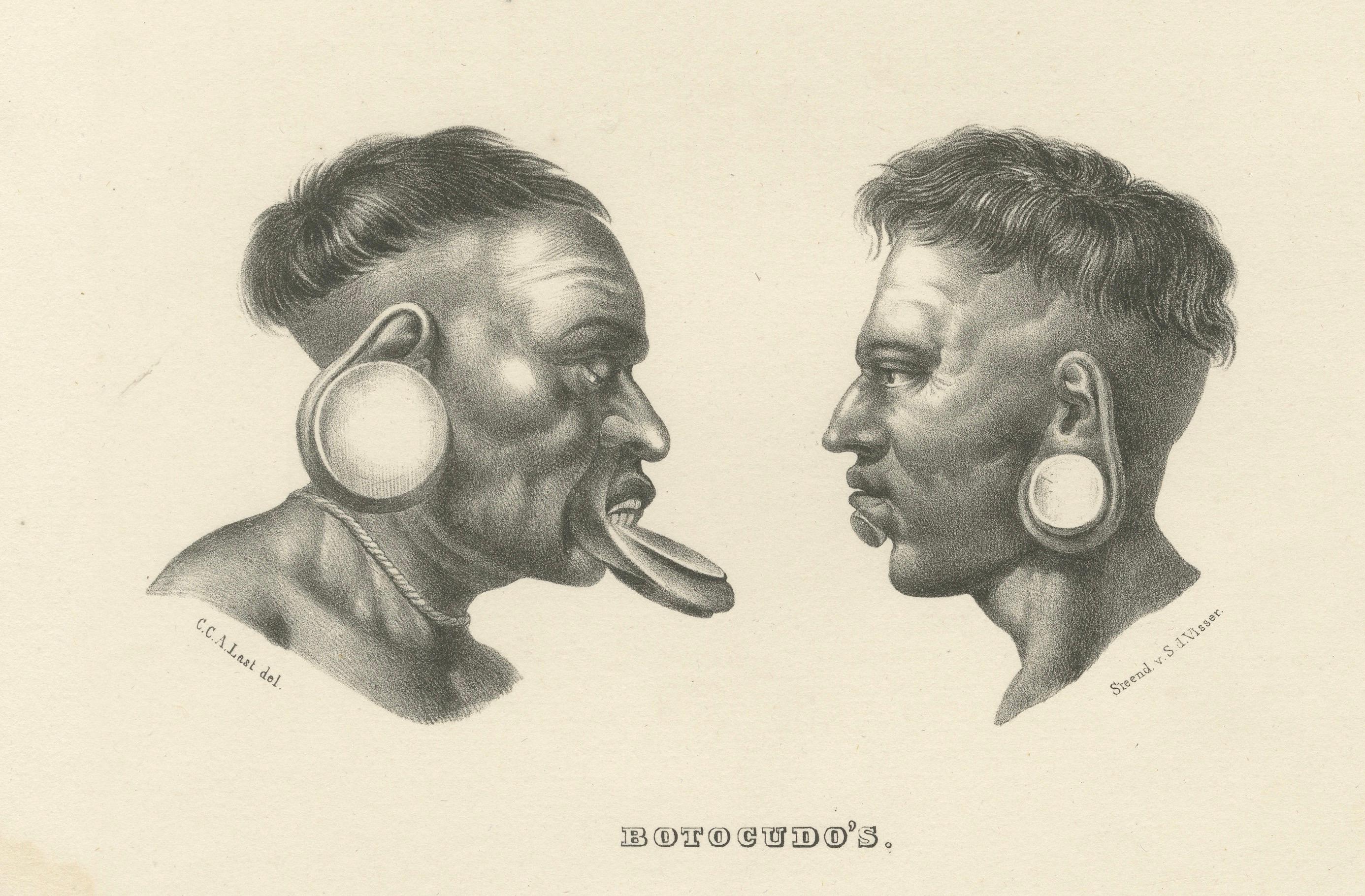 Antike Stammeslithographien von Maxuruna- und Botocudo-Völkern, Brodtmann 1827 (Schweizerisch) im Angebot