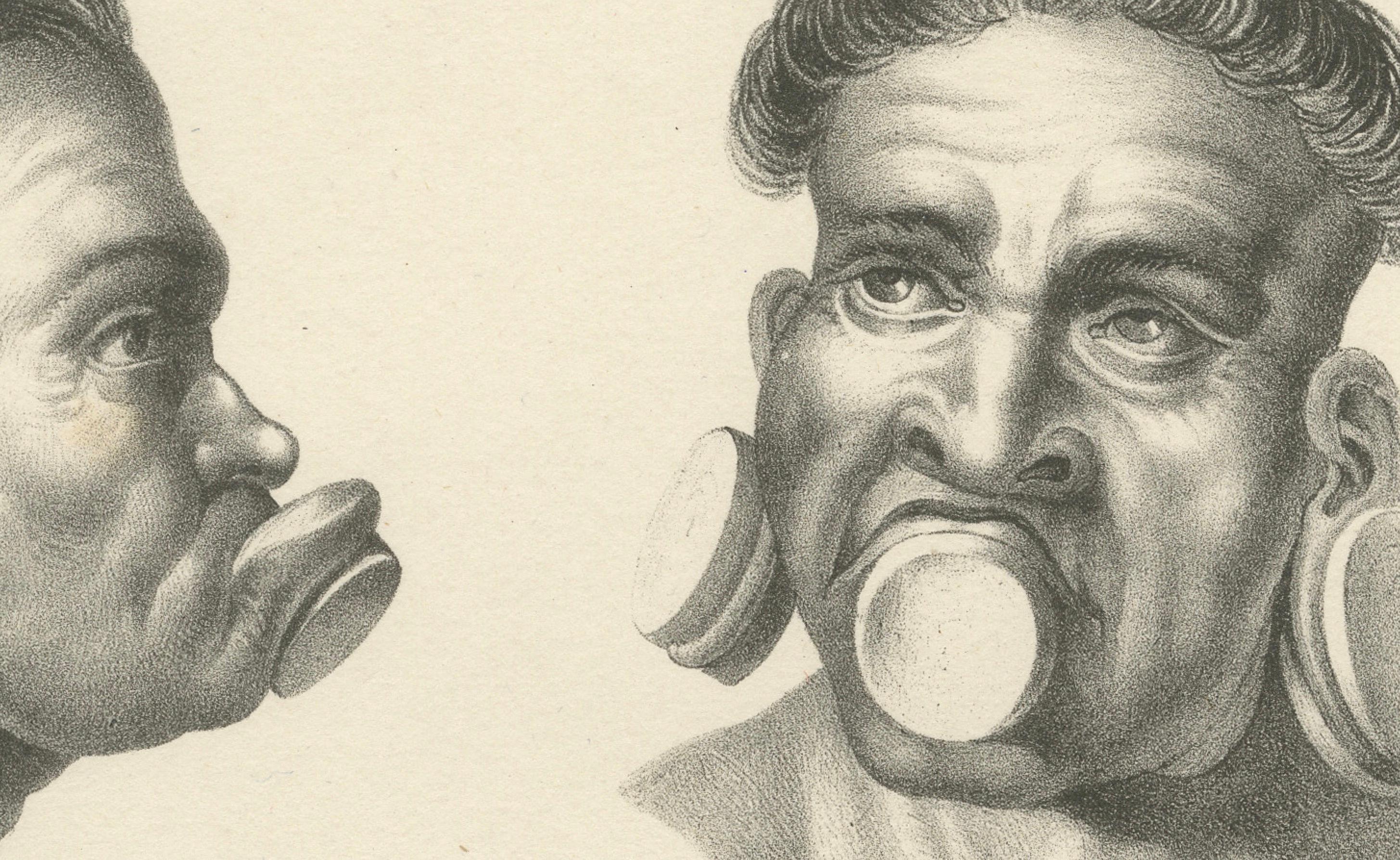 Antike Stammeslithographien von Maxuruna- und Botocudo-Völkern, Brodtmann 1827 (Graviert) im Angebot