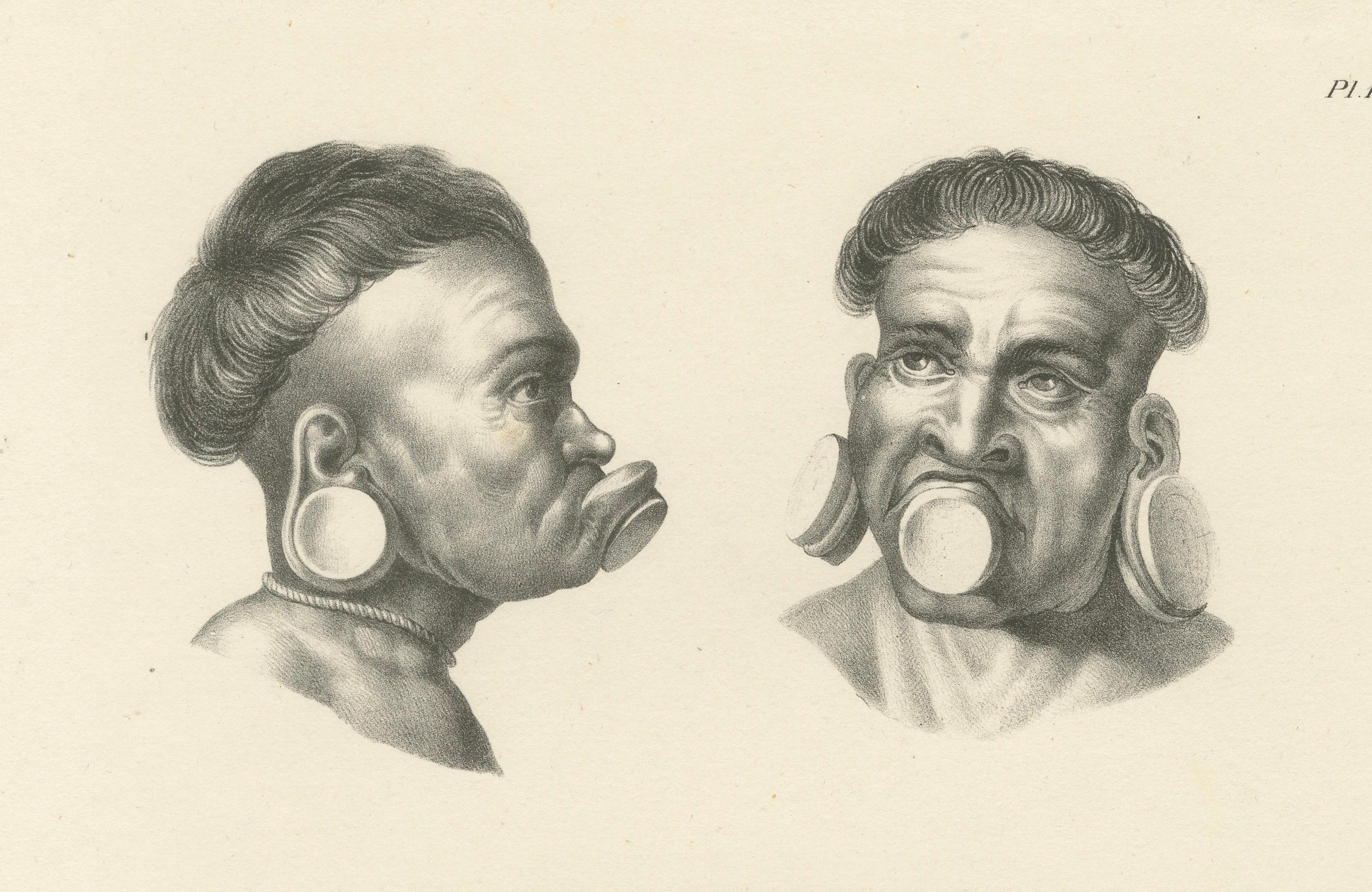 Antike Stammeslithographien von Maxuruna- und Botocudo-Völkern, Brodtmann 1827 im Zustand „Gut“ im Angebot in Langweer, NL