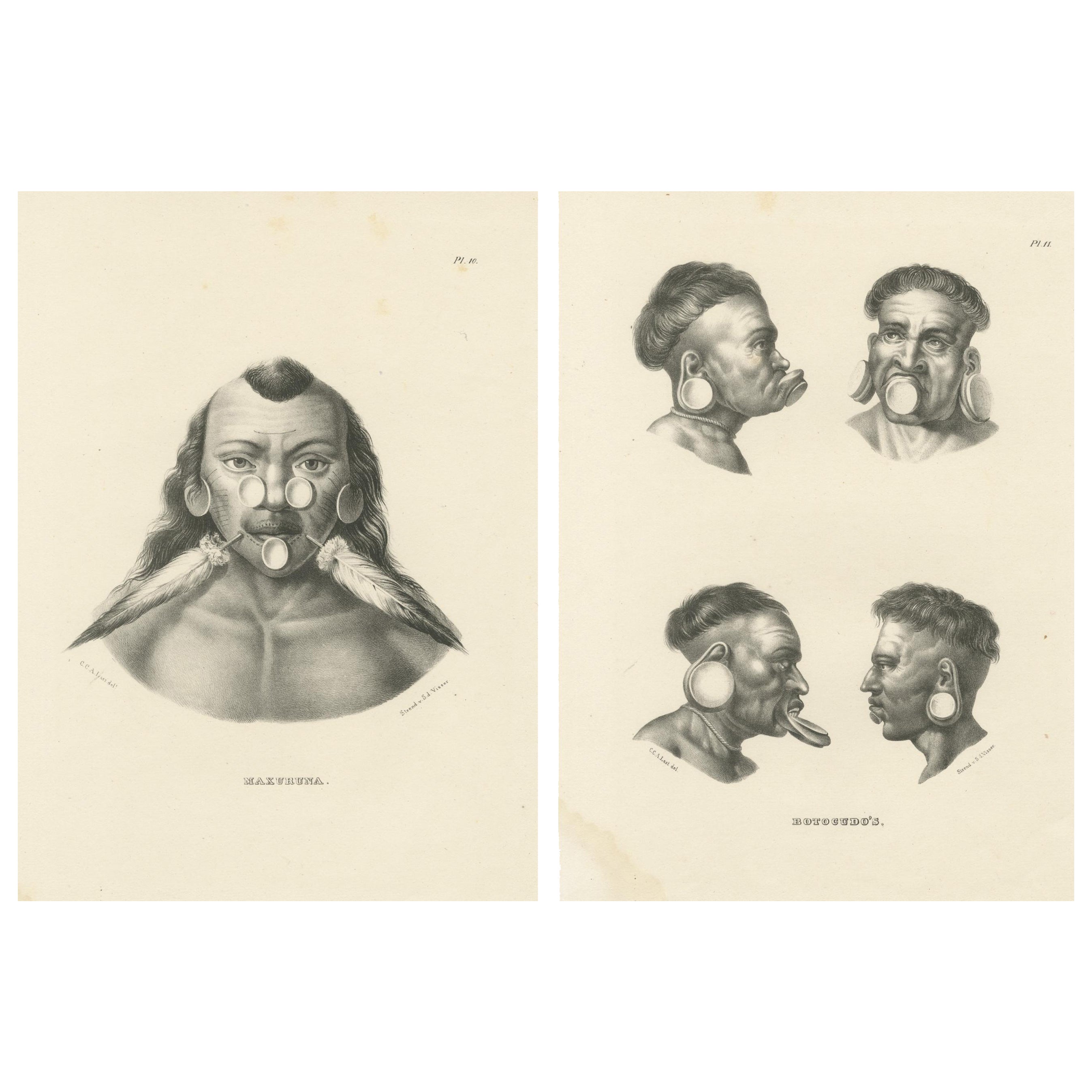 Antike Stammeslithographien von Maxuruna- und Botocudo-Völkern, Brodtmann 1827