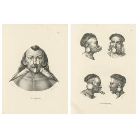 Antique Tribal Lithographs of Maxuruna and Botocudo Peoples, Brodtmann 1827