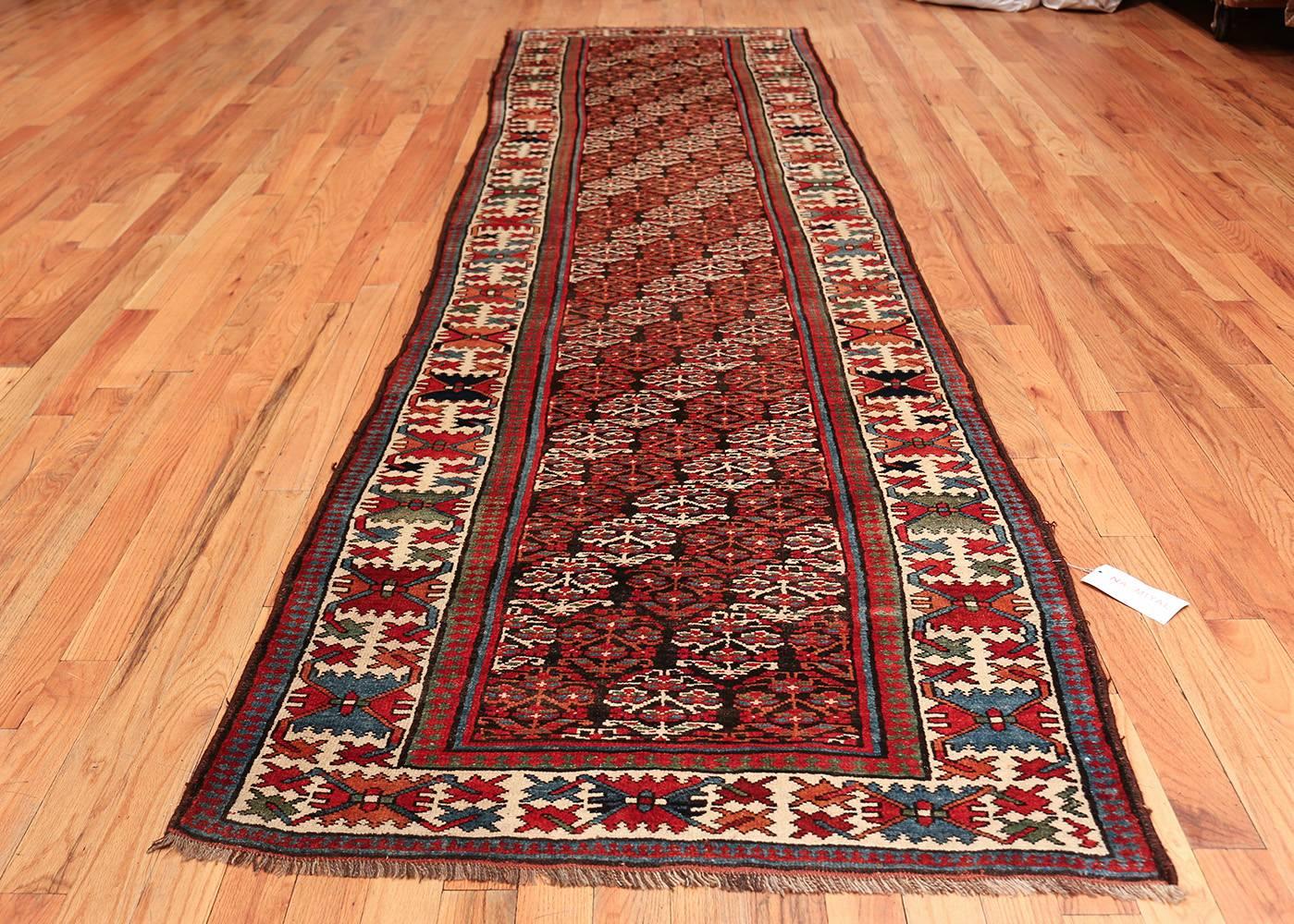 Antique Tribal Design Northwest Persian Runner Rug, Country of Origin: Persia, Circa Date: Late 19th Century. Size: 3 ft 7 in x 13 ft 5 in (1.09 m x 4.09 m).