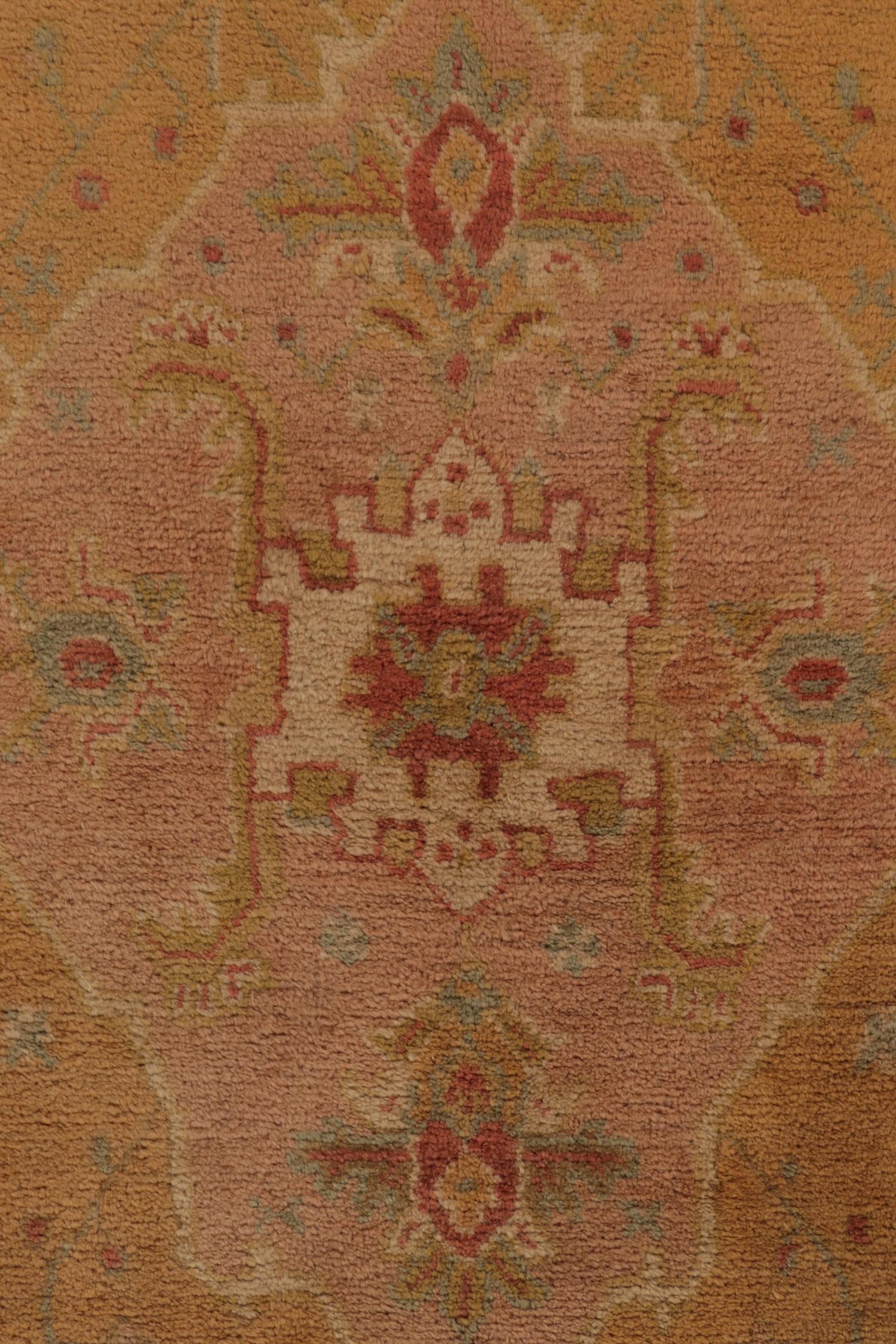 Early 20th Century Antique Tribal Oushak Rug in Gold, Pink Floral Medallion Pattern by Rug & Kilim For Sale