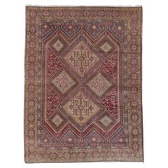 Antiker persischer Afshar-Teppich mit Stammesmotiven, farbenfrohe Palette, rosa-blau und grüne Töne