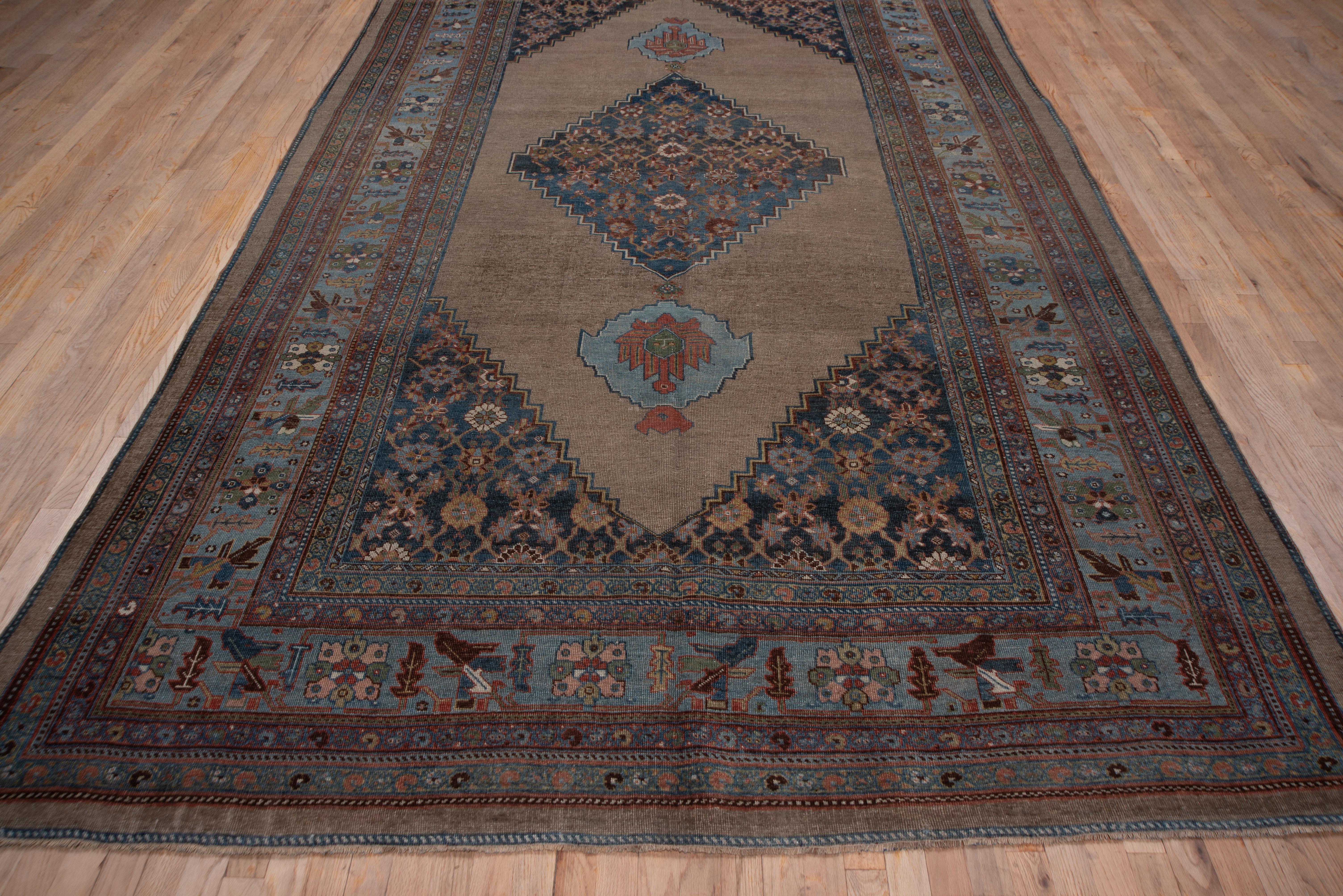 Hand-Knotted Antique Tribal Persian Bidjar Carpet, Light Blue Detailed Border, Brown Field For Sale