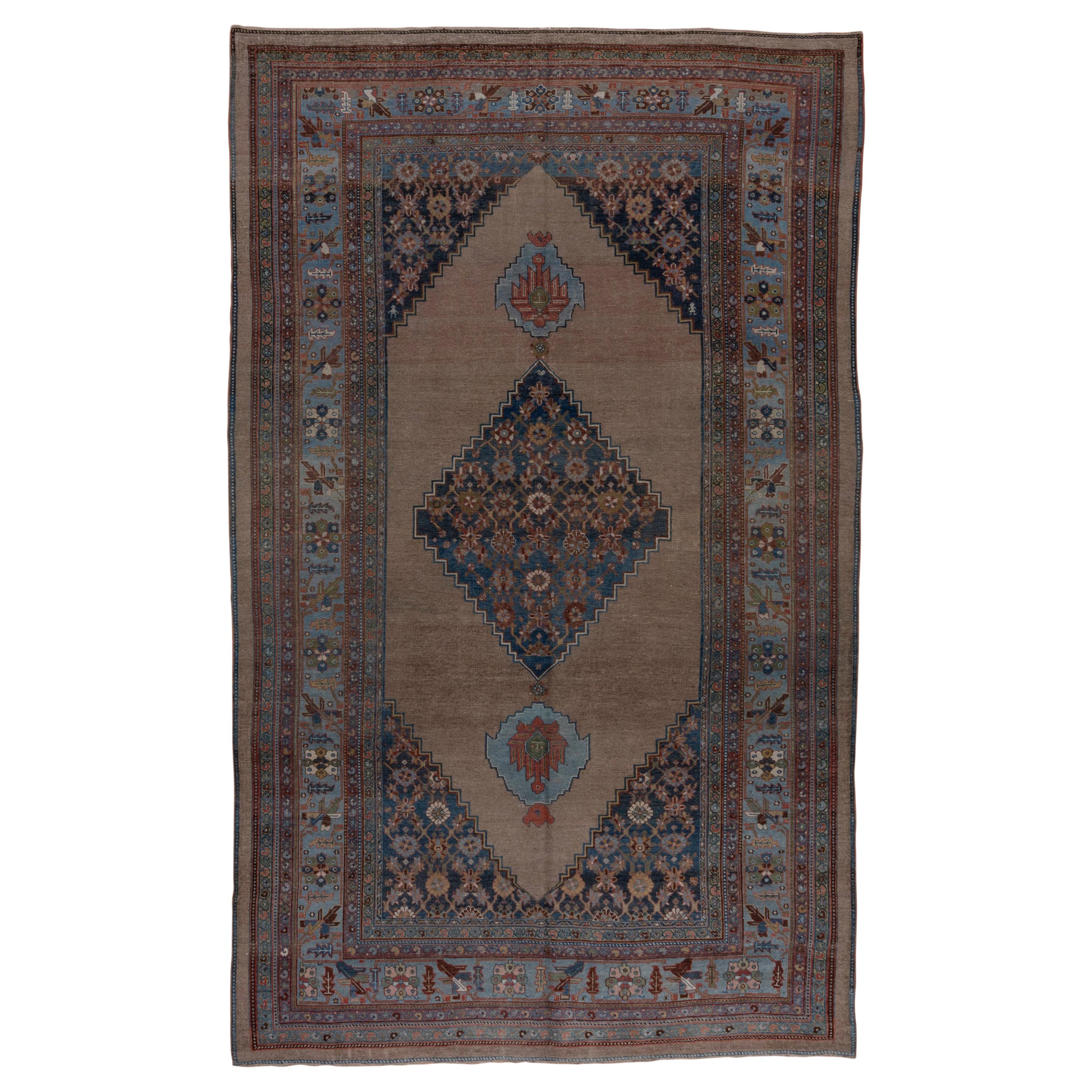 Tapis persan tribal ancien Bidjar, bordure bleu clair avec détails, terrain brun