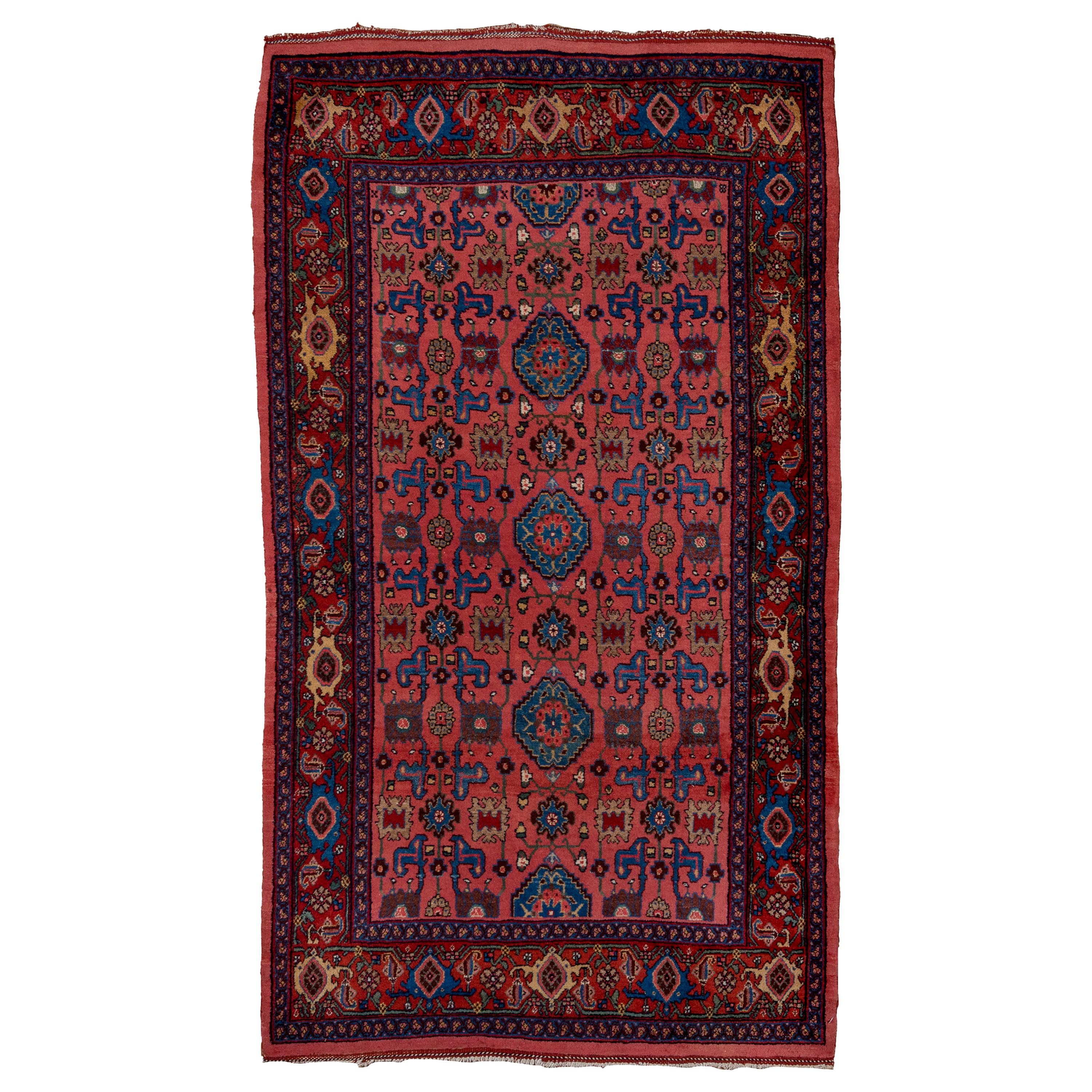 Antique Tribal Persian Bidjar Long Rug, Thick Pile, Allover Field, Blue Accents For Sale